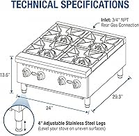 Vista 4 de Placa caliente de gas comercial de 24 pulgadas, rango de encimera de 4 quemadores 120,000 BTU, estufa de acero inoxidable resistente con rejillas