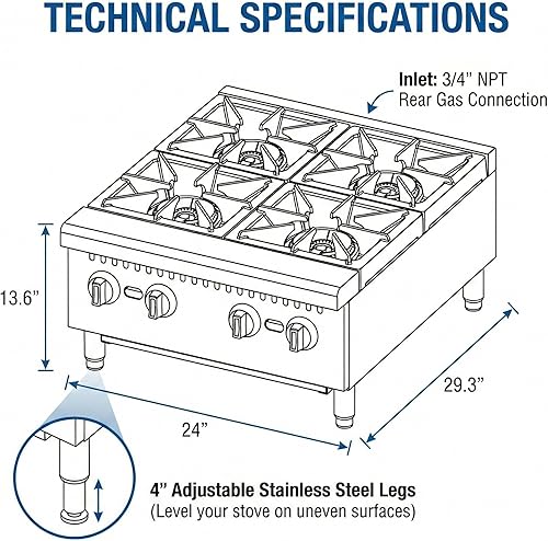 Miniatura 4 de Placa caliente de gas comercial de 24 pulgadas, rango de encimera de 4 quemadores 120,000 BTU, estufa de acero inoxidable resistente con rejillas
