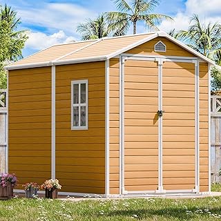 Resin Storage Shed with Floor 8 x 6 FT Waterproof Plastic Outdoor Garden Sheds Kit with Lockable Door & Windows,Patio Tool Shed for Backyard Lawn, Wood Color