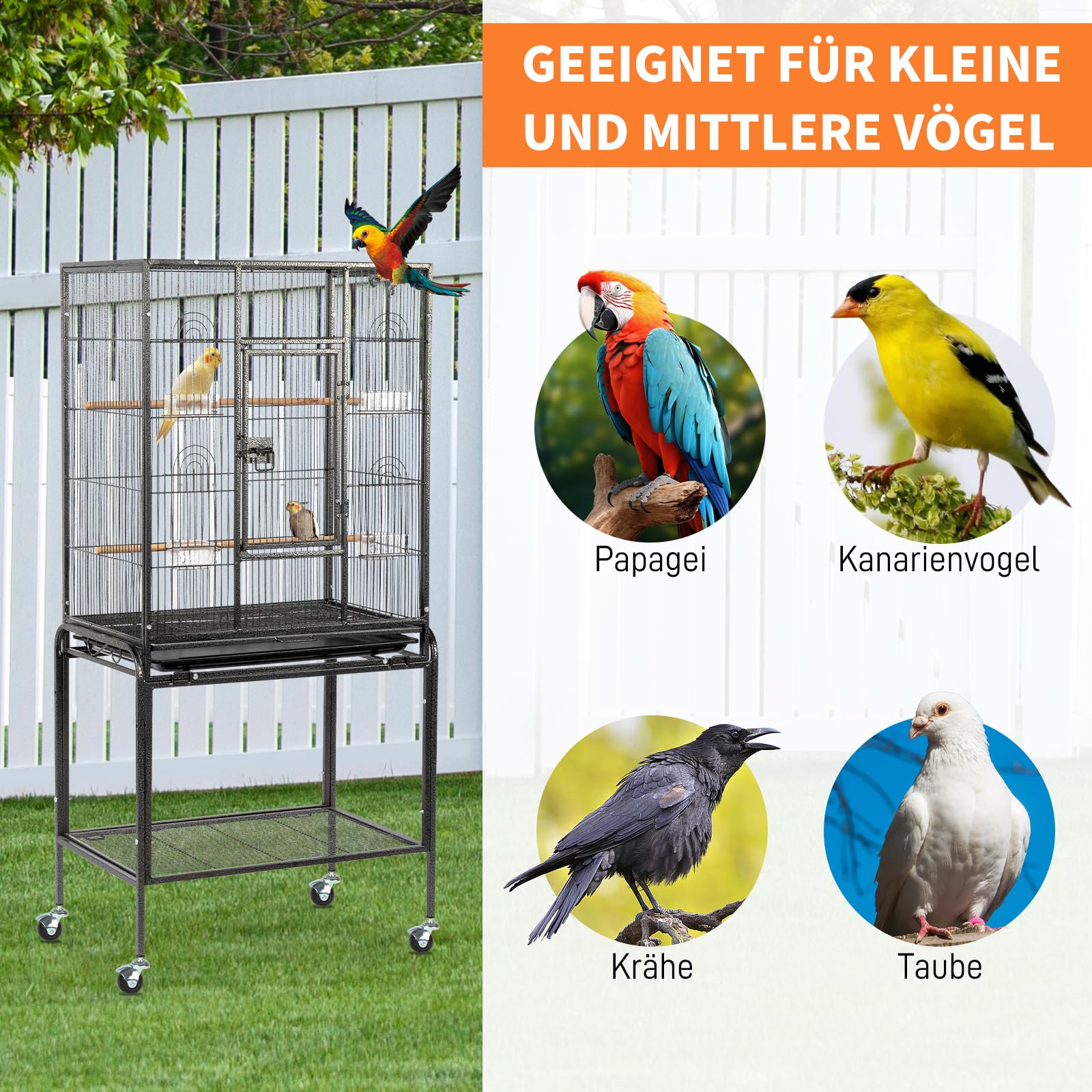 Vogelkäfig, vogelkäfig wellensittich mit Holzstangen und 4 Rollen, Voliere Mit herausziehbarer Reinigungswanne und Sicherheitsverriegelung, Schwarz, 64 x 41 x 135 cm