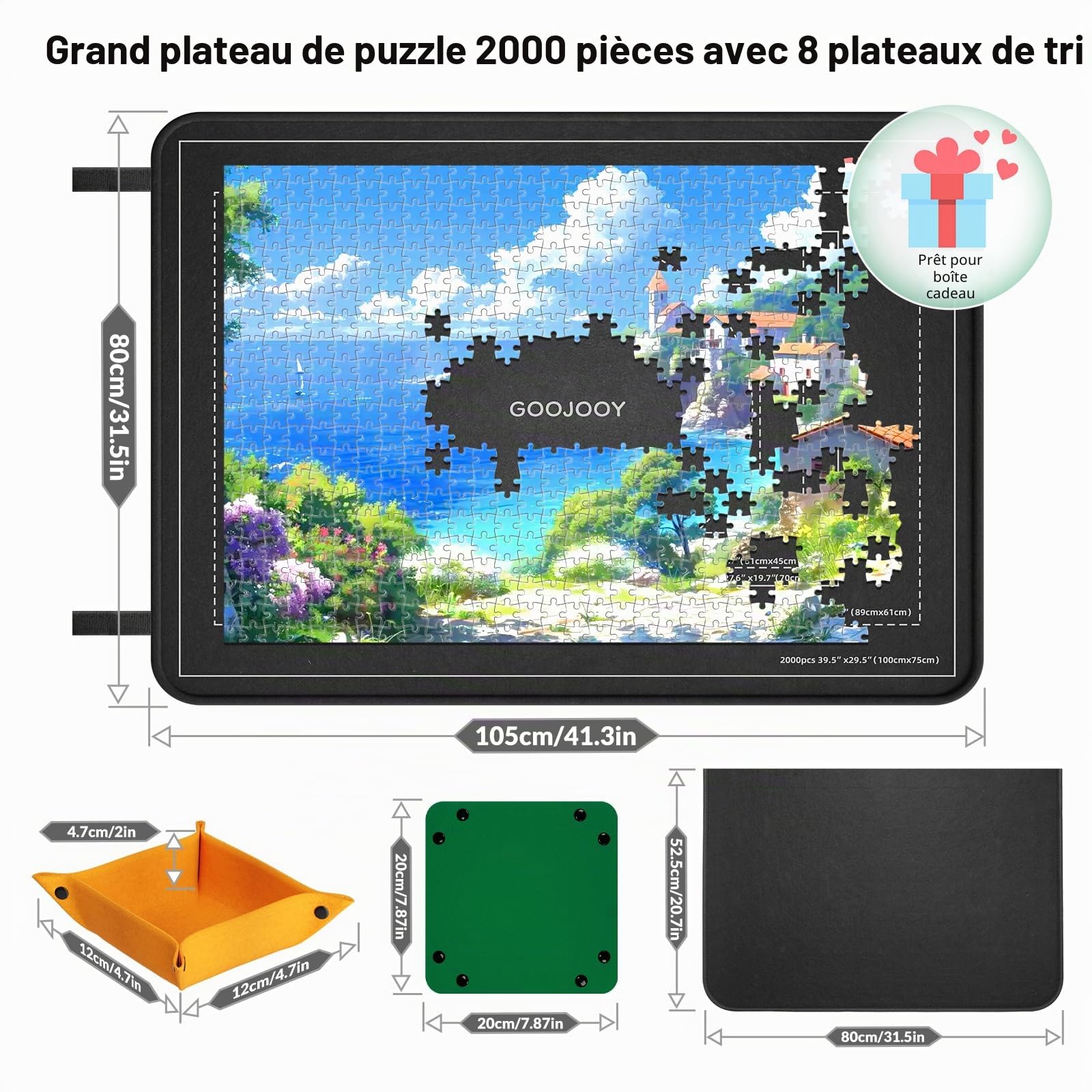 Plateau Puzzle Pliable Jusqu'à 2000 Pièces - 105x80 cm Grand Planche Puzzle en Feutre avec 8 Plateaux de Tri et Couvercle, Surface Anti-dérapante, Rangement Facile