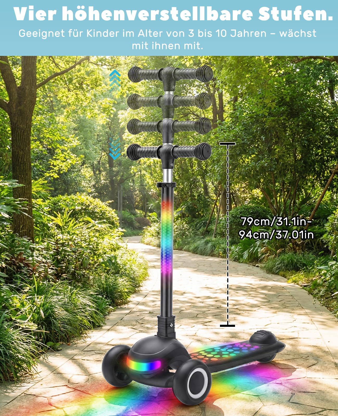Kinderscooter (3–10 Jahre), Faltbarer Roller mit LED-Leuchträdern und -Trittbrett, 4-stufig höhenverstellbar, Rutschfestes Trittbrett