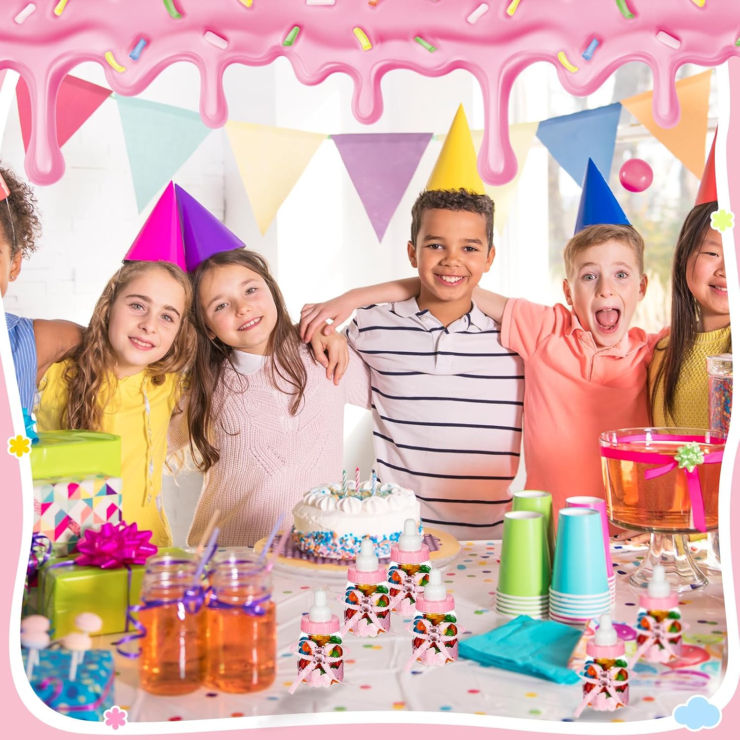 Nuenen 36 Pcs Baby Bottle Party Favors Plastic Mini Milk Bear Bottles for Baby Shower Decorations and Centerpieces Candy Jar with Ribbon for Gifts(Pink,Stylish)