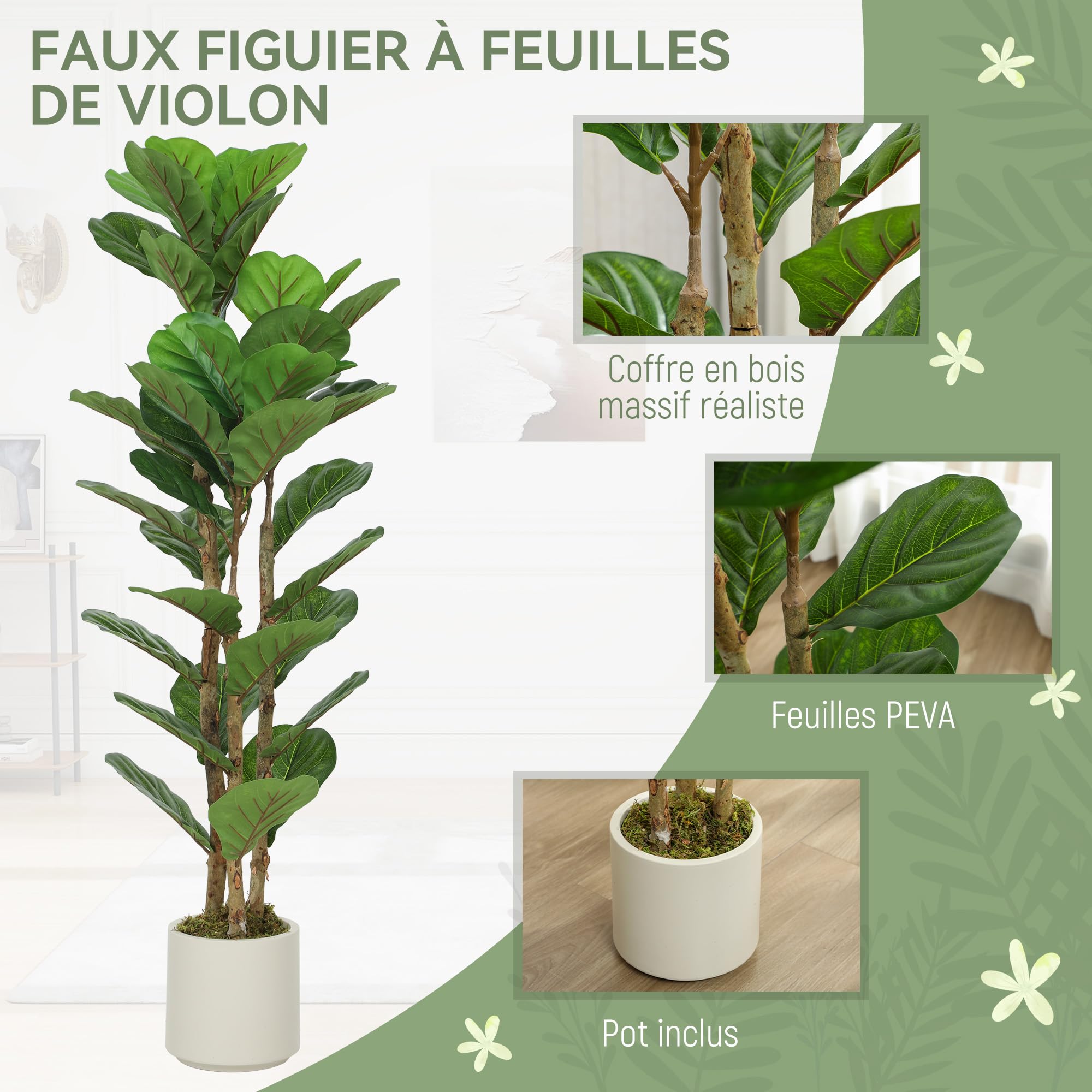 HOMCOM Plante Artificielle Intérieure 120 cm Figuier Lyre 45 Feuilles Vert