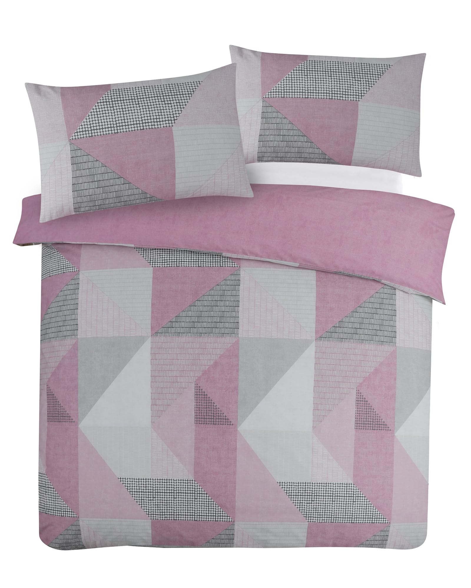 Charlotte Andersen Pink Matrix Geometric Grey Double Duvet Set Reversible Easy Care Cotton Blended Bedding (, Double)