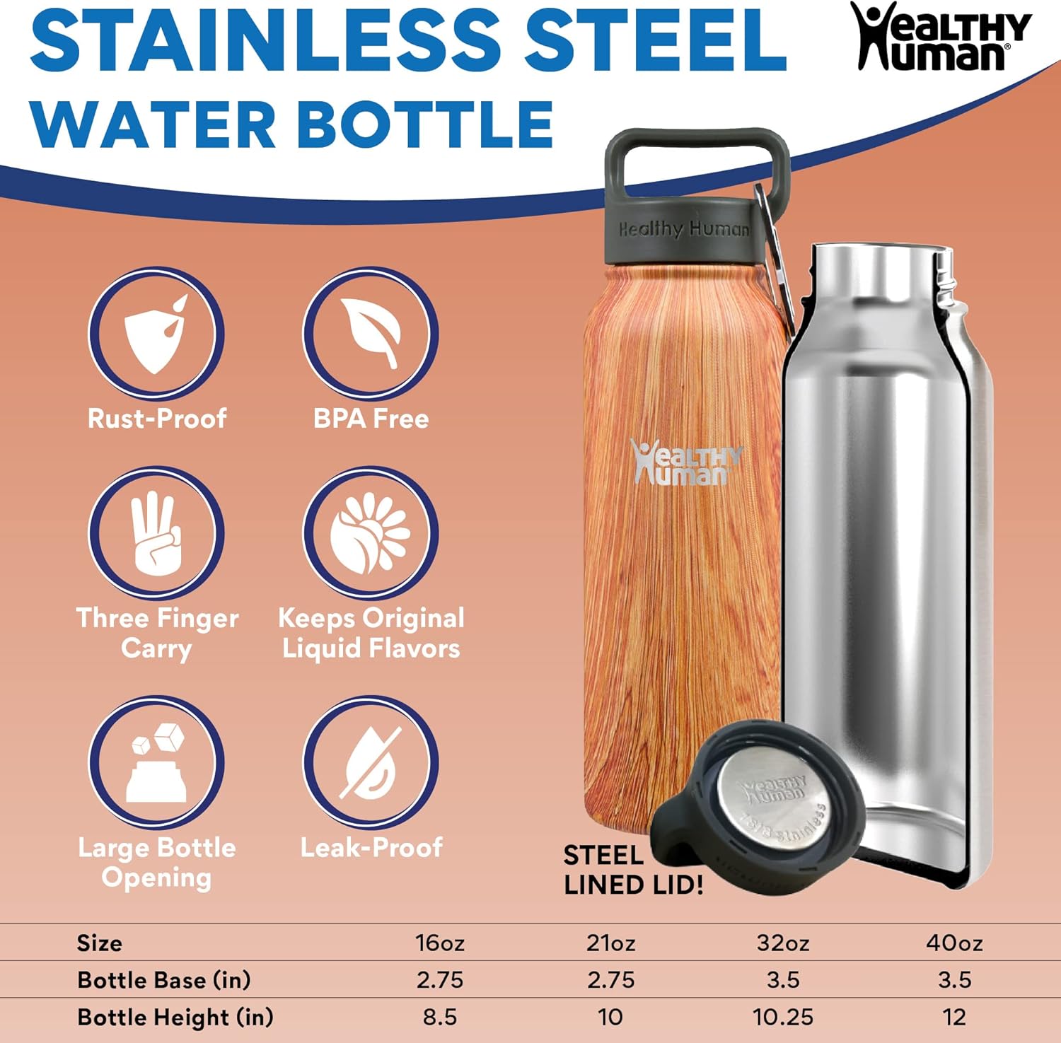 Healthy Human Stainless Steel Water Bottle | Double Walled Vacuum Insulated Water Thermos for Adults | Eco-Friendly Travel Bottles with Leak Proof Lid (Natural Wood, 21 oz/ 621 ML)