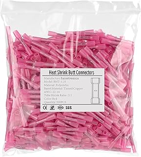 500PCS Red Heat Shrink Butt Connectors AWG22-16,haisstronica Marine Grade Heat Shrink Wire Connectors,Tinned Red Copper 0.7mm,Waterproof Insulated Crimp Butt Splice Electrical Connectors