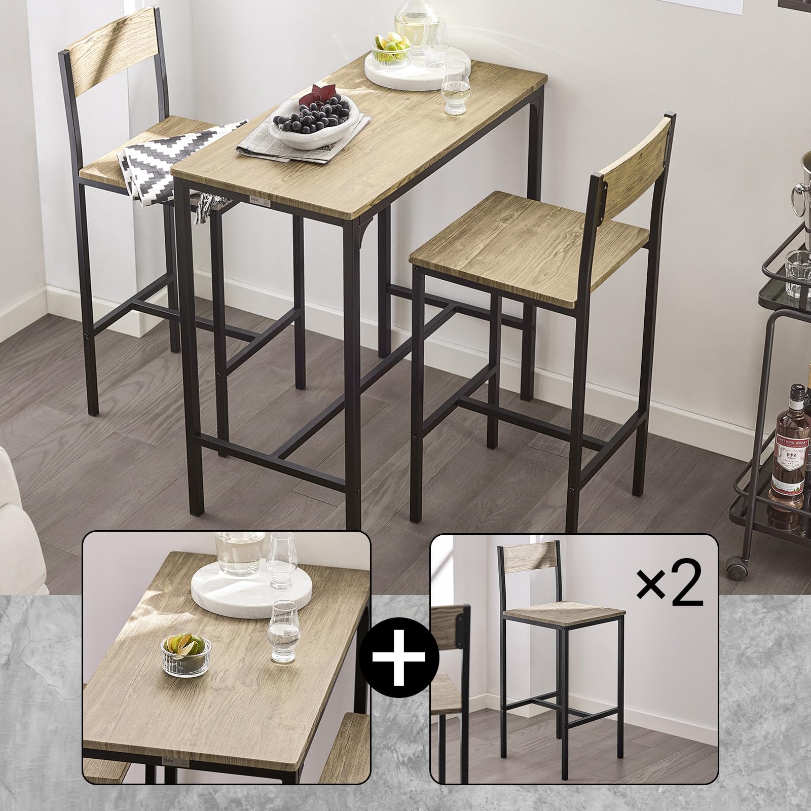 SoBuy Bartisch Set mit 2 Stühlen Platzsparendes Küchentisch-Set für 2 Personen, Hoher Esstisch mit Stühlen Essgruppe Bistrotisch Gartentisch für kleine Küche, Balkon oder Wohnzimmer möbel OGT03-N