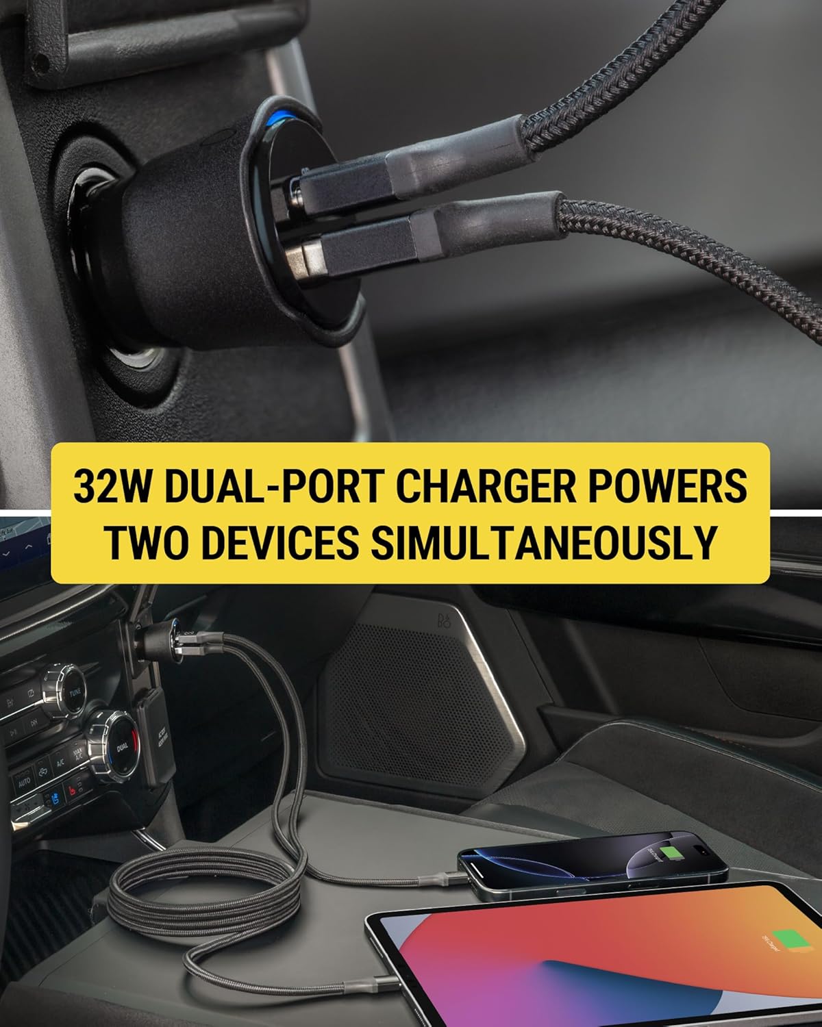 Scosche FoundIT Charge 32W Car Charger simultaneously charging a smartphone and a tablet
