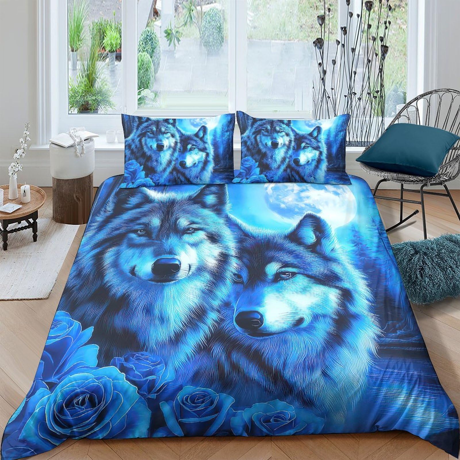 TUFRTGYHN 3D Printed Blue Wolf Duvet Cover Microfiber Soft Breathable Moon Forest Bedding Set with 2 Pillowcases for Bedroom Home Decor Single（135x200cm）