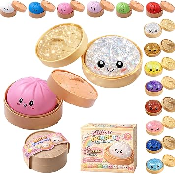 Dumpling Squishy Blind Box - Glitter Dumpling Squishies 2026 Colourful Dumplings Stress Fidget Squishy Toys with Steamer for Children Adults Students Home Office Classroom (Glitter White + Pure Pink)