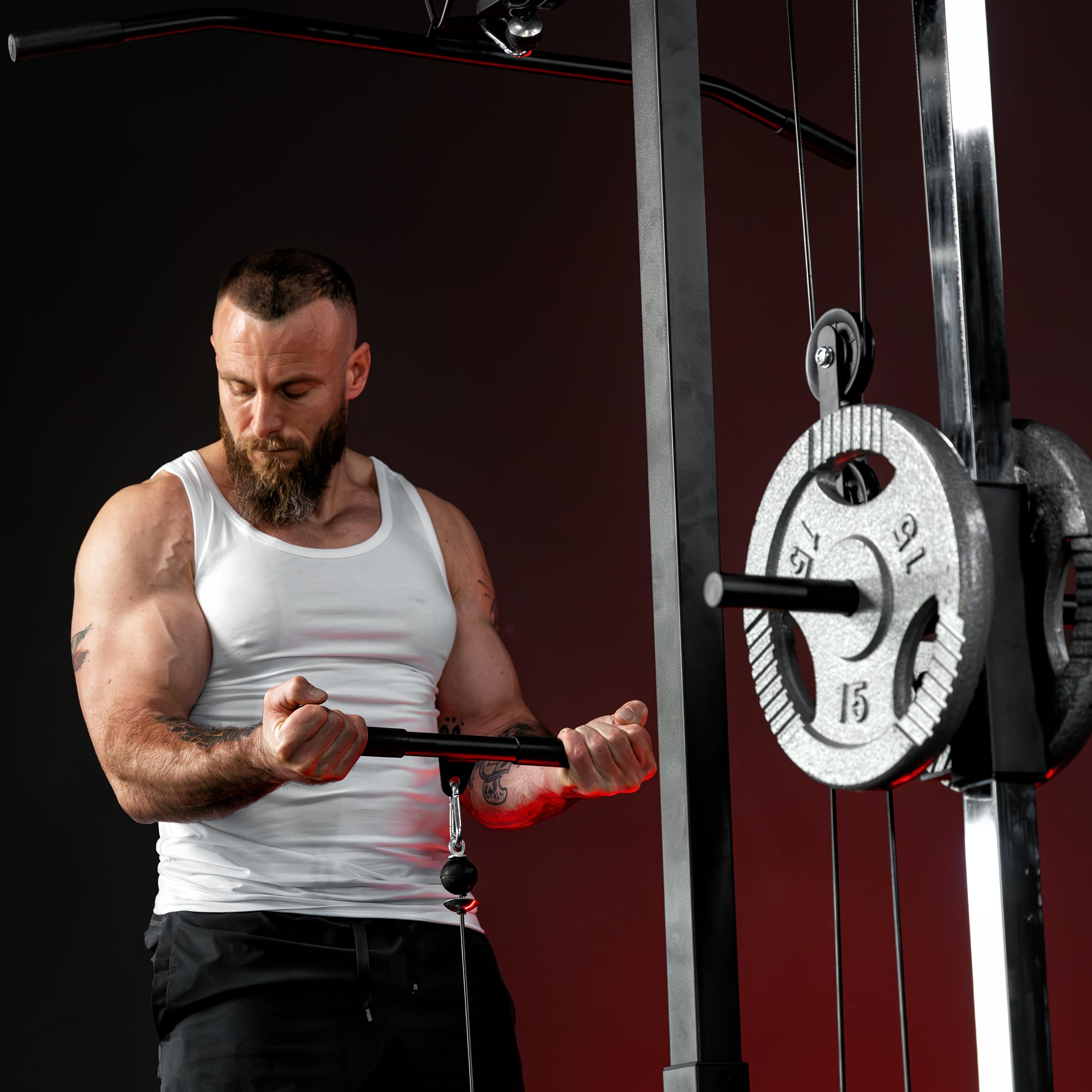 GORILLA SPORTS® Torre de poleas Ajustable, 30 mm | Incluye barra de tríceps y barra de poleas, Soporta hasta 280 kg, Estación de tracción de cables, Máquina de fitness