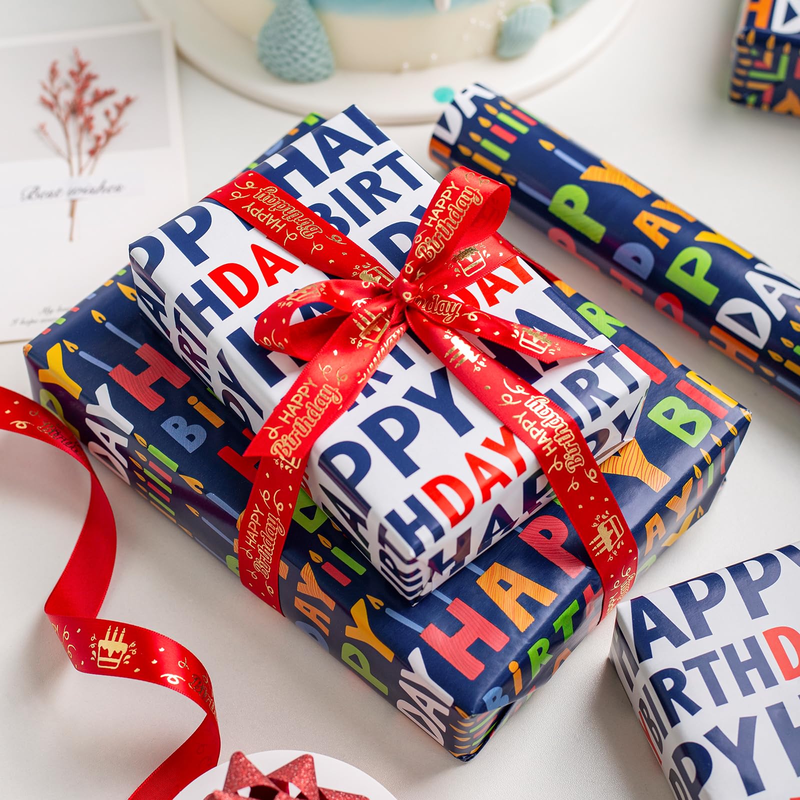 LeZakaa Carta Da Regalo Reversibile Compleanno - 43,2 Cm X 10 M, Blu Navy Con Scritta Happy Birthday E Righe Oro - 5