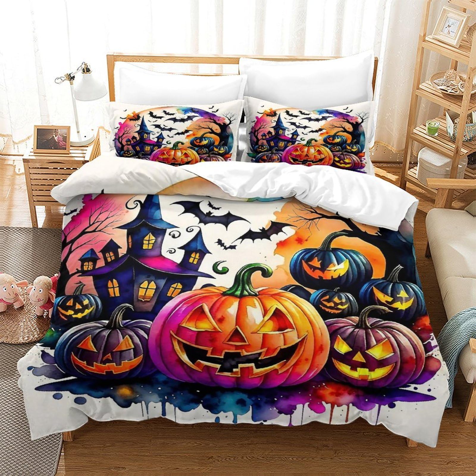 Qtivarlen Style-4 Halloween Style Duvet Cover 3 Pcs With Pillowcases Premium Microfiber With Zipper Closure Ultrasoft Closure Breathable Single（140X200cm）