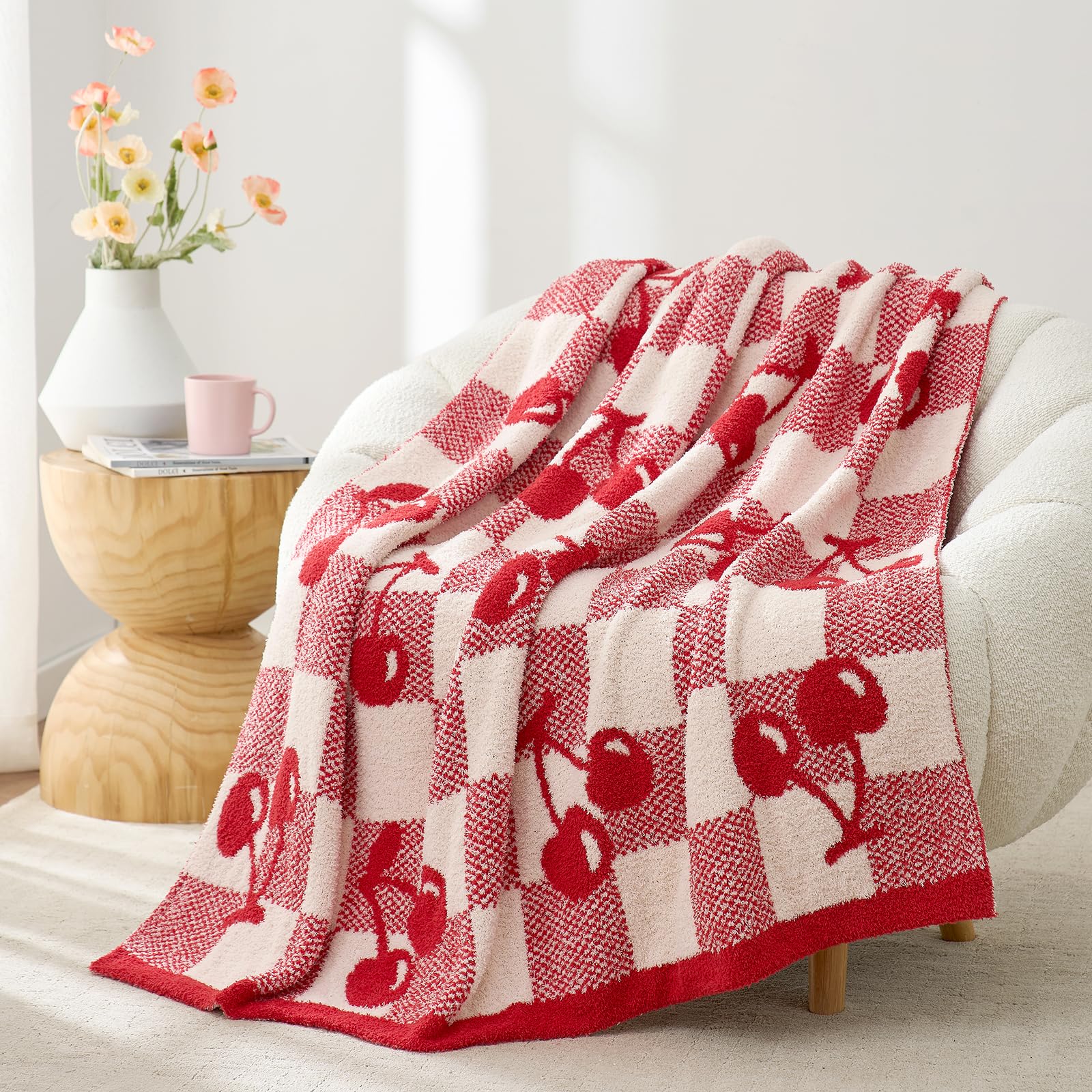 Snuggle Sac Red Cherry Throw Blanket for Couch, Microfiber Fluffy Warm Cozy Fuzzy Reversible Checkered Blankets for Sofa, Chair, Bed, 50x60 inches Red Cherry Throw(50"x60")