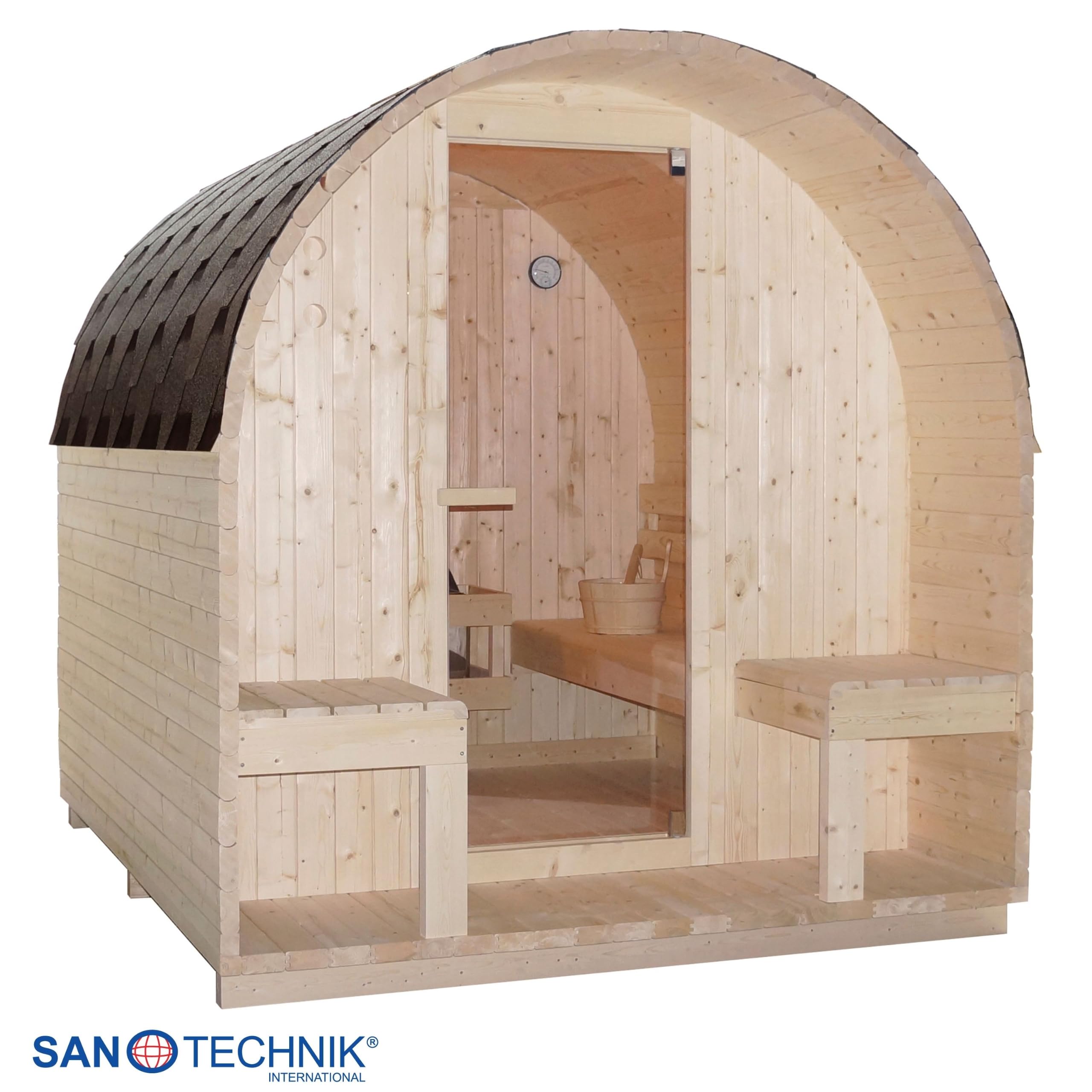 SANOTECHNIK Außensauna Island XL für 4 Personen Fichte Naturbelassen 220 x 189 x 200 cm mit 6 mm Sicherheitsglas-Tür und 3,8 cm Wandstärke
