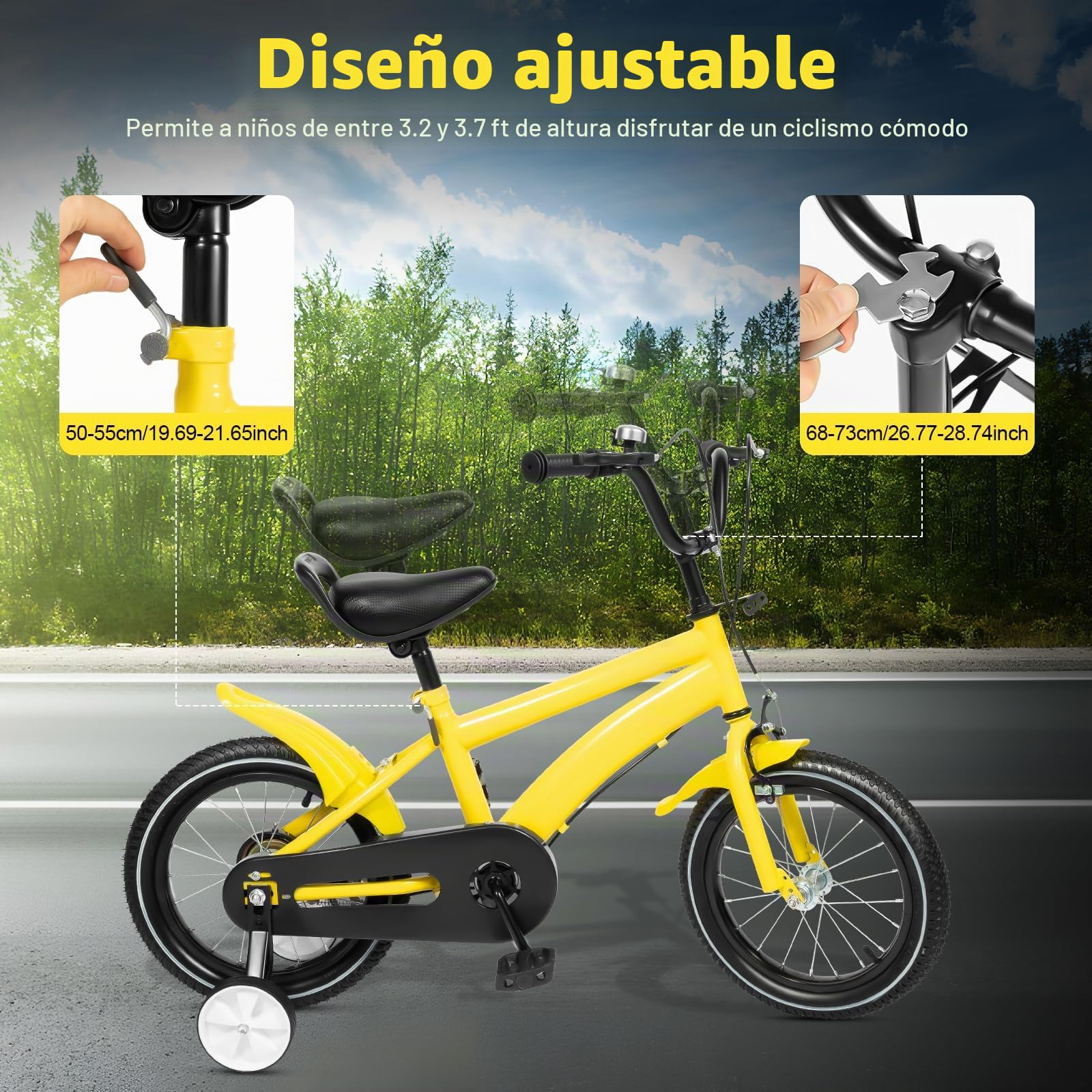 Bicicleta infantil de 14 pulgadas, para niños y niñas de 3 a 6 años, altura regulable, bicicleta para niños con ruedas estabilizadoras y sistema de frenado dual (amarillo)