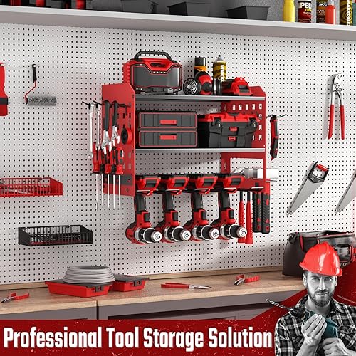 Miniatura 29 de Organizador de herramientas eléctricas, estante de almacenamiento de herramientas montado en la pared con estantes flotantes de 3 capas y 4 soportes