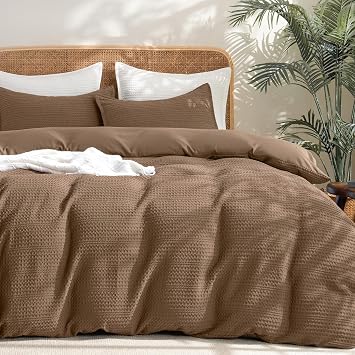 PHF Soft Waffle Duvet Cover Queen Size- Durable Breathable Waffle Weave Duvet Cover90"x90" with 2 Pillow Shams, 3 Pieces Luxury Textured Bedding Set for All Season, Mocha