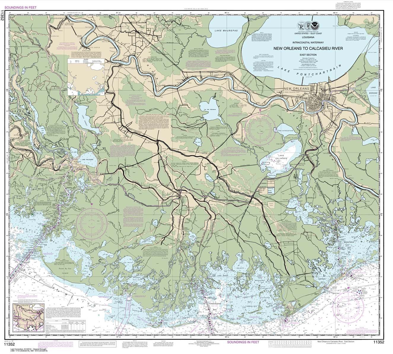Paradise Cay Publications, Inc. NOAA Chart 11352: Intracoastal Waterway New Orleans to Calcasieu River East Section, 35.4 X 39.3, Traditional Paper