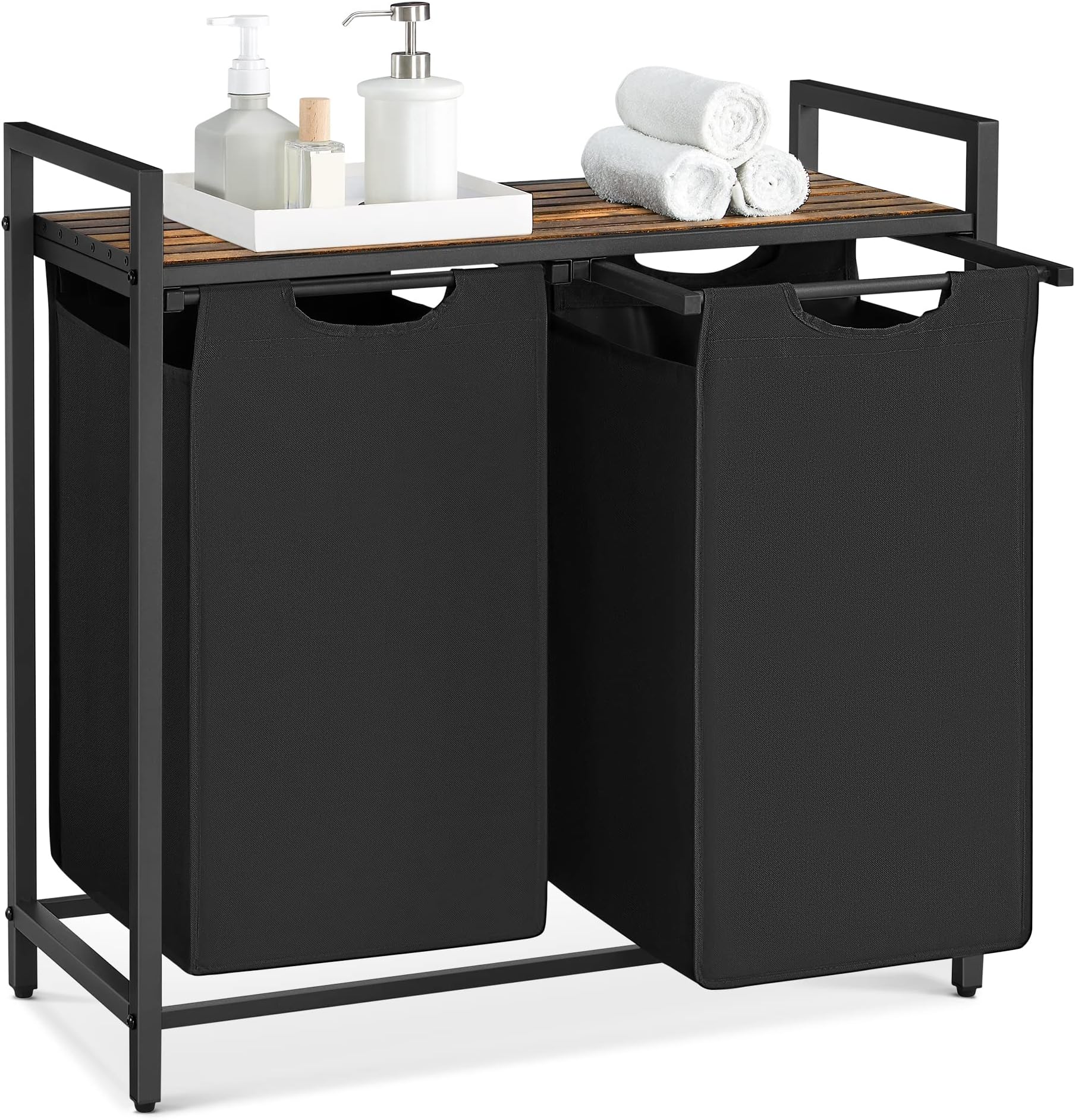 Vasagle BLH201B01V1 Dirty Laundry Basket, 2 Compartments, Bin, with 2 Removable Oxford Cloth Bags, Metal Frame, 2 x 46 Litres, 73 x 33 x 72 cm, Rustic Brown and Black