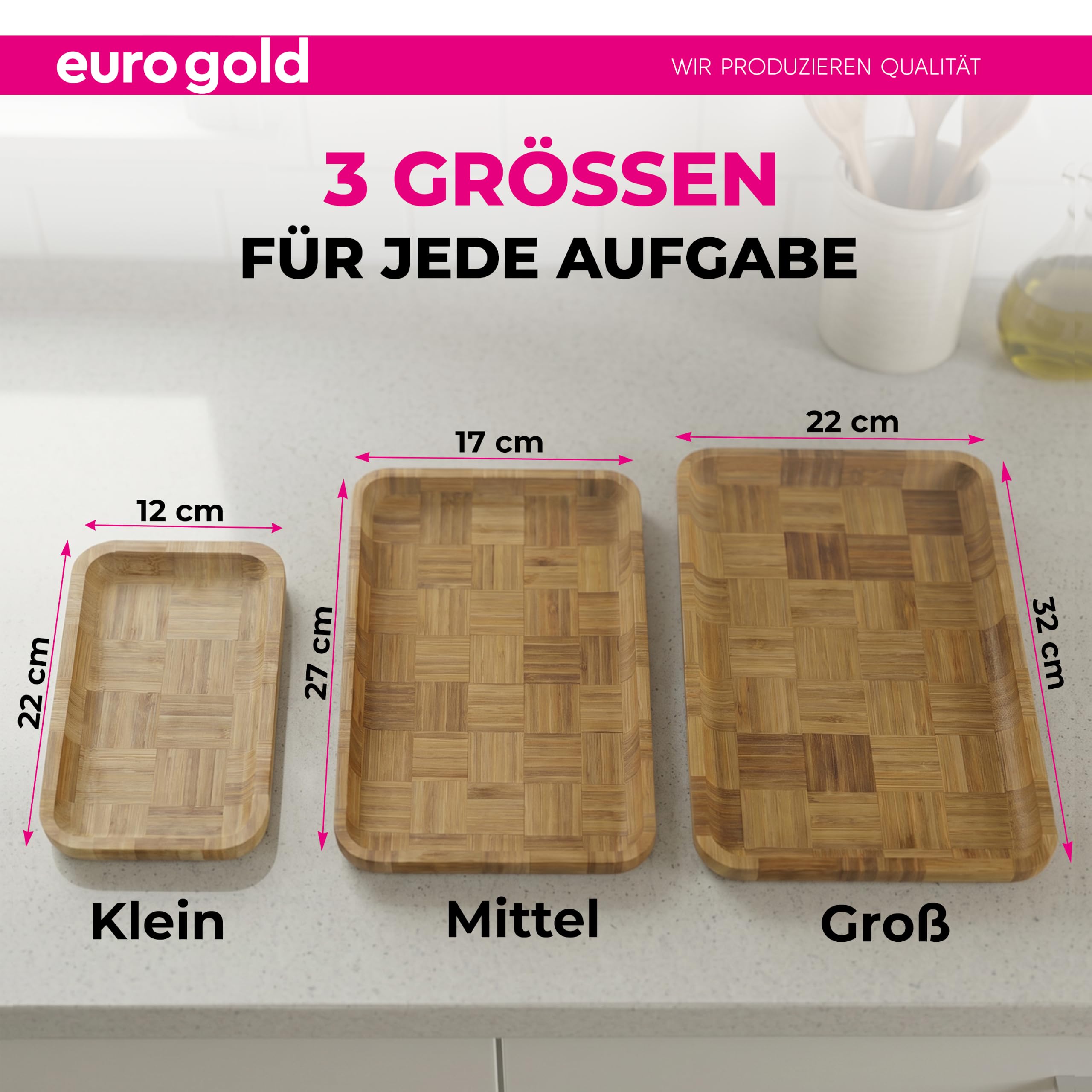 EUROGOLD Bambus Tablett rechteckig 3er Set für Küche & Tisch