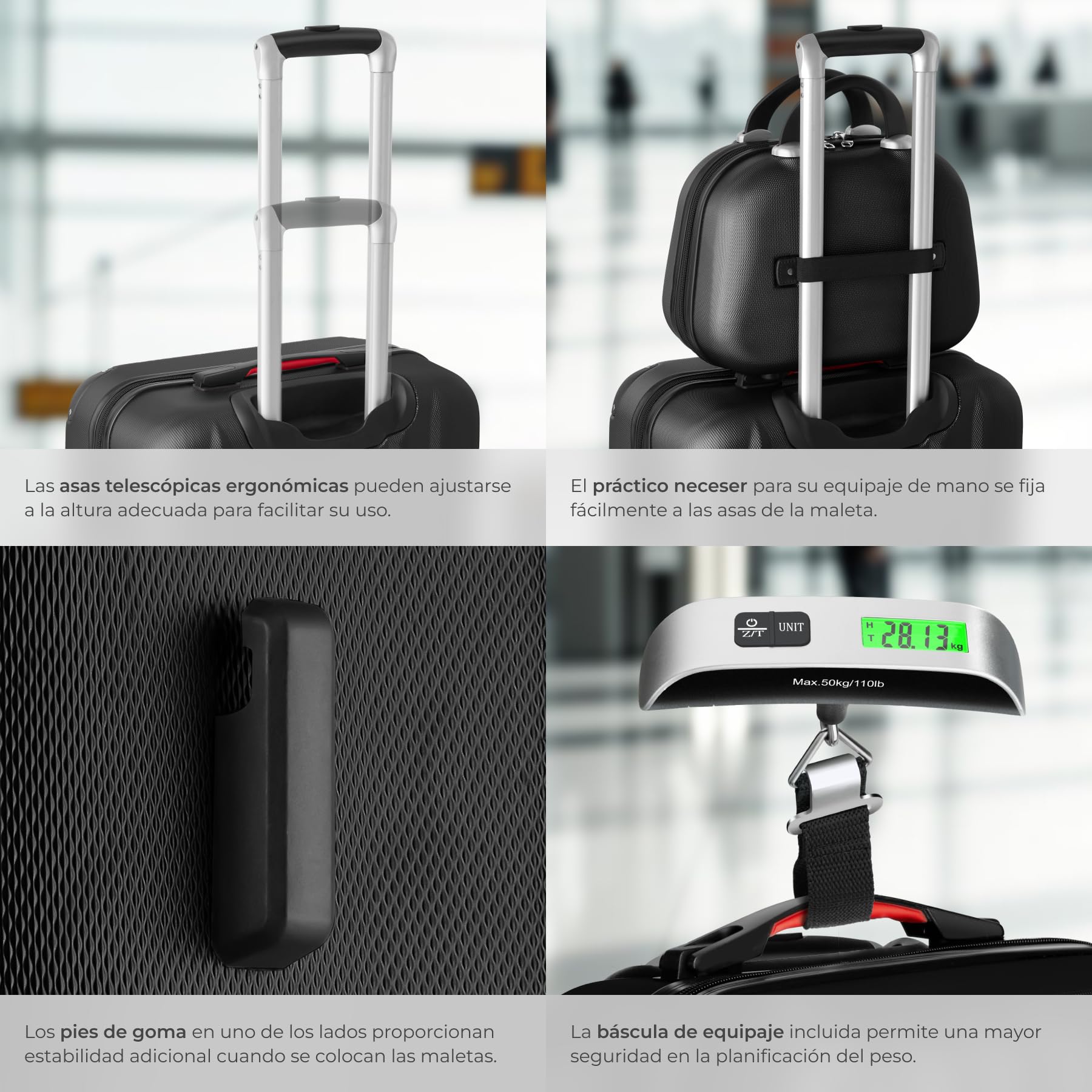 tectake® Juego de 4 Maletas Rígidas con Báscula y Etiquetas de Equipaje, 3 Trolleys y 1 Neceser, Set de Maletas de Viaje con Ruedas de 360º, Cerradura de Combinación, Apilables Entre sí - Negro