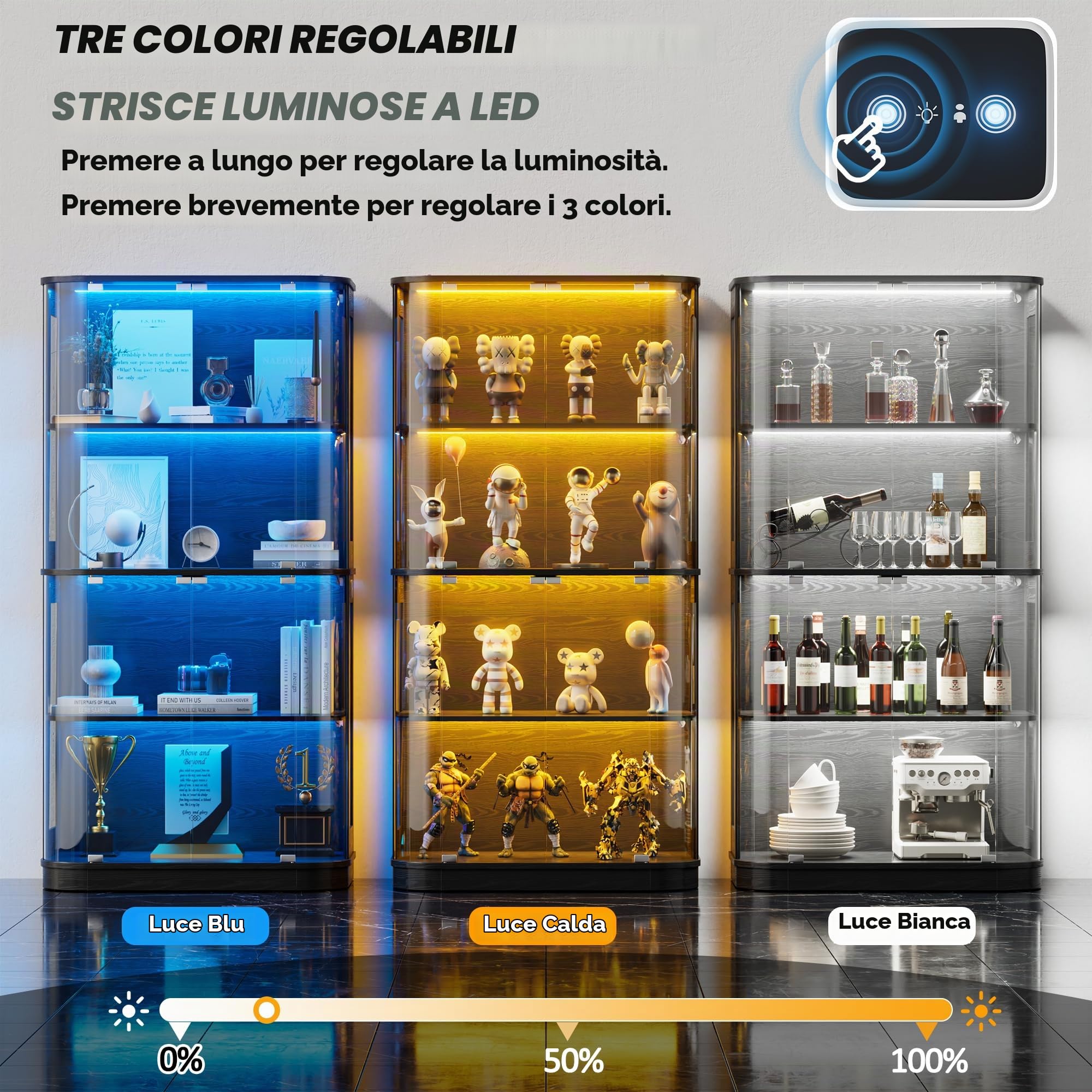MSFE 170CM Vetrina in Vetro con LED, Vetrina Espositiva con Sensore Intelligente, Vetrinetta per Collezionismo, 4 Ripiani Vetrinetta Autoportante in vetro, Per Soggiorno,Ufficio,Cucina,Bar,Studio