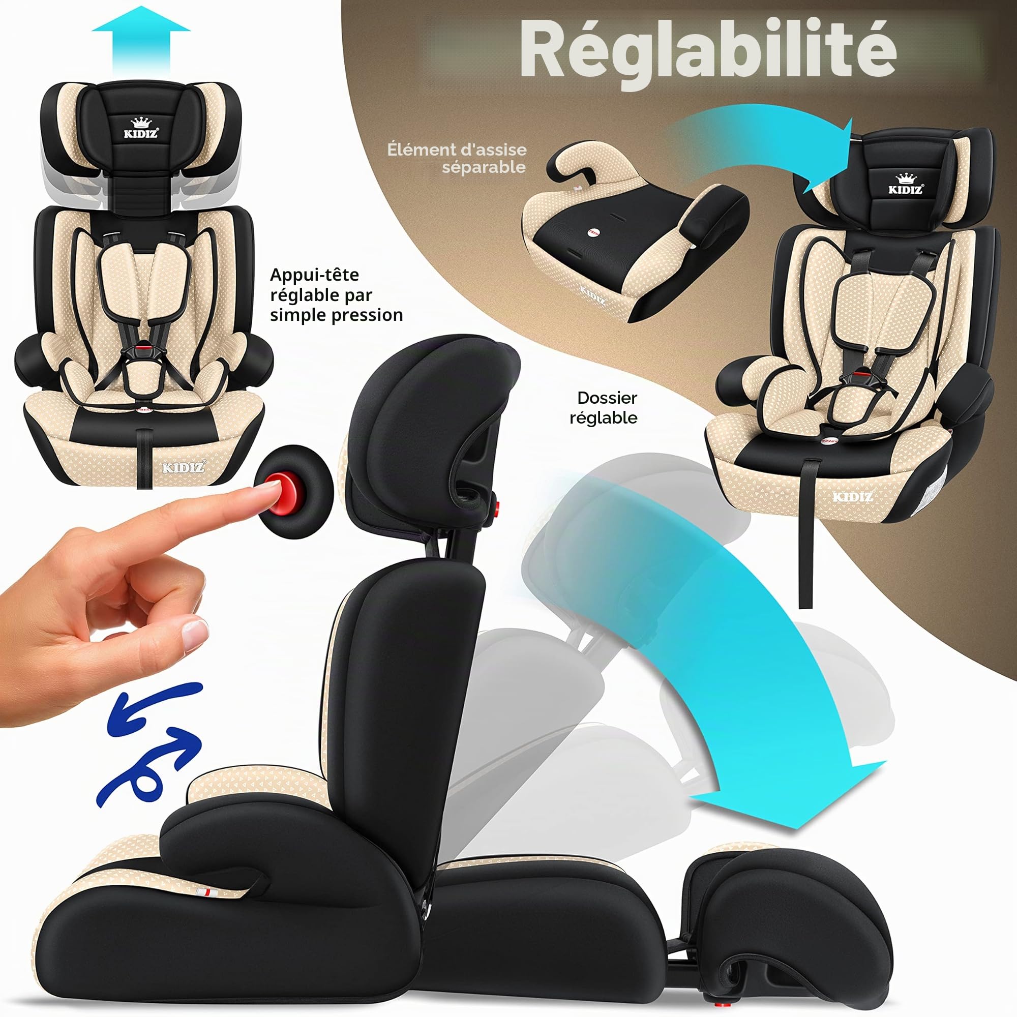 KIDIZ® Siège auto enfant | coque de siège auto | 9-36 kg 1-12 ans | Groupe 1/2/3 | universel | homologué selon ECE R44/04 | 6 couleurs différentes, Beige