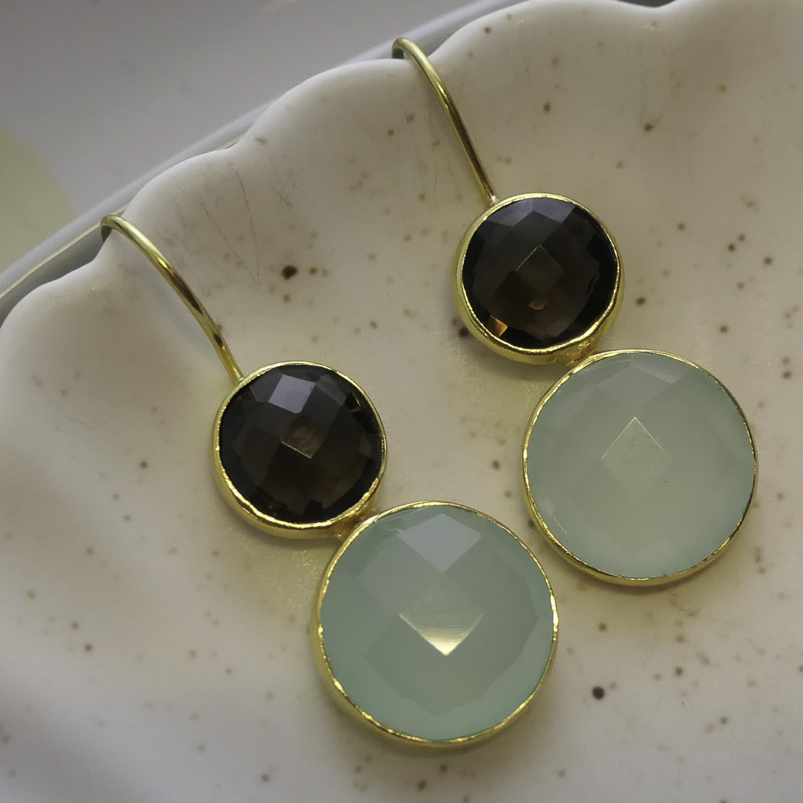Rauchquarz & Aqua Chalcedon Edelstein Ohrringe | Hängende Ohrringe Damen Gold Silber 925 Vergoldet 4cm, Handgefertigt von GIA-Gemmologin Geschenk zum Geburtstag