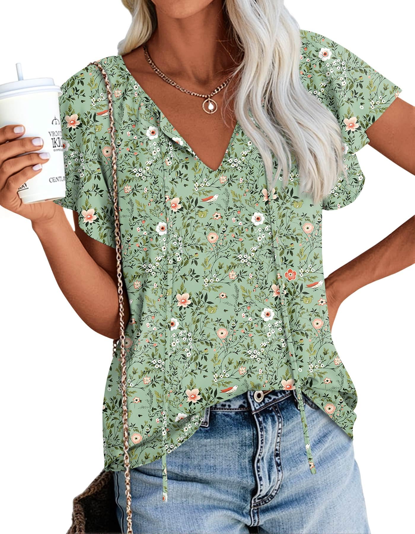 AnydollWomens Summer Blouse 2025 Boho Short Sleeve Tops V Neck Casual Dressy Chiffon Shirts