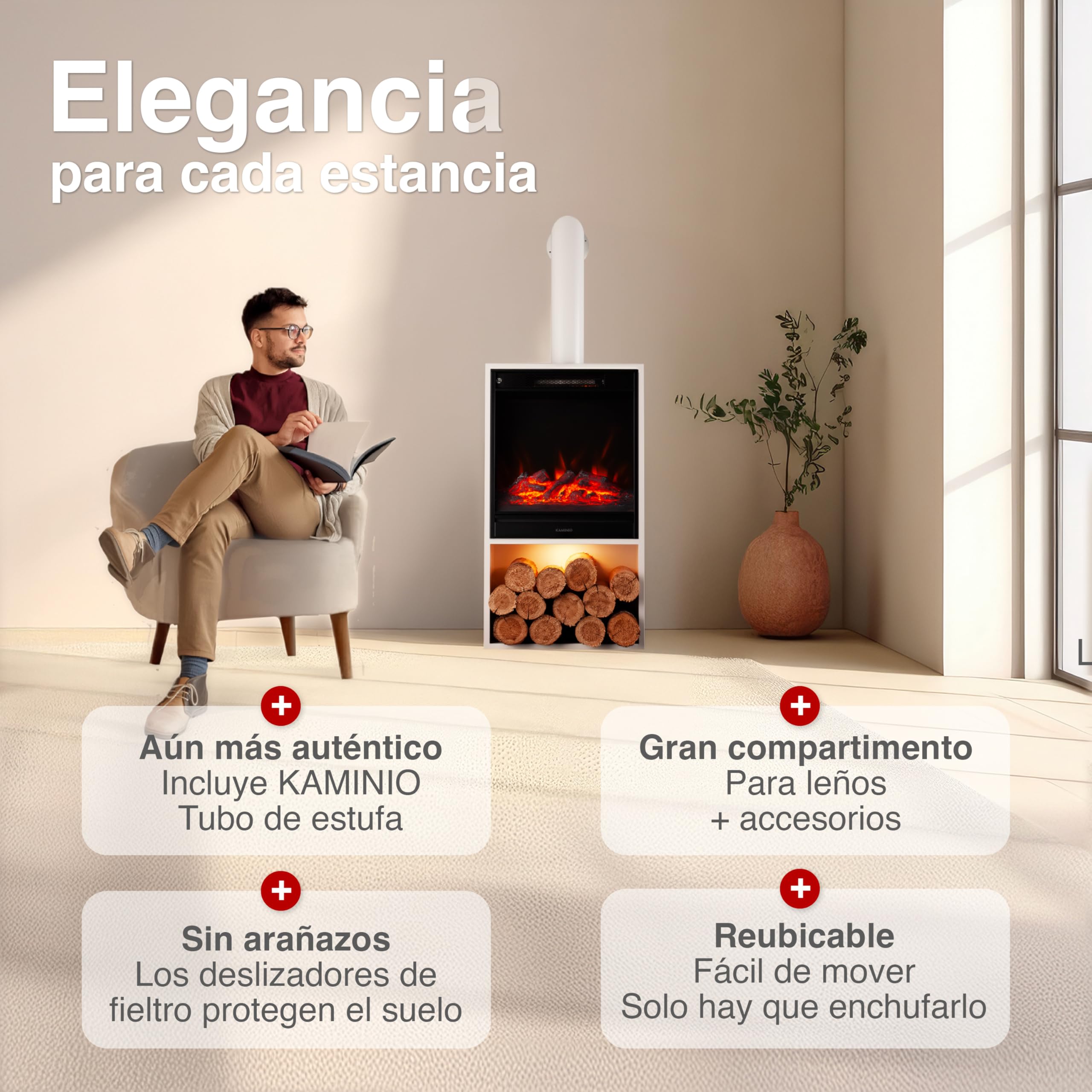 KAMINIO Chimenea eléctrica Hugo con Tubo de Chimenea - Estufa de Chimenea con calefacción, Efecto Llama 3D, Luz Ambiental LED, Compartimento de Madera, Control Remoto (Blanco)