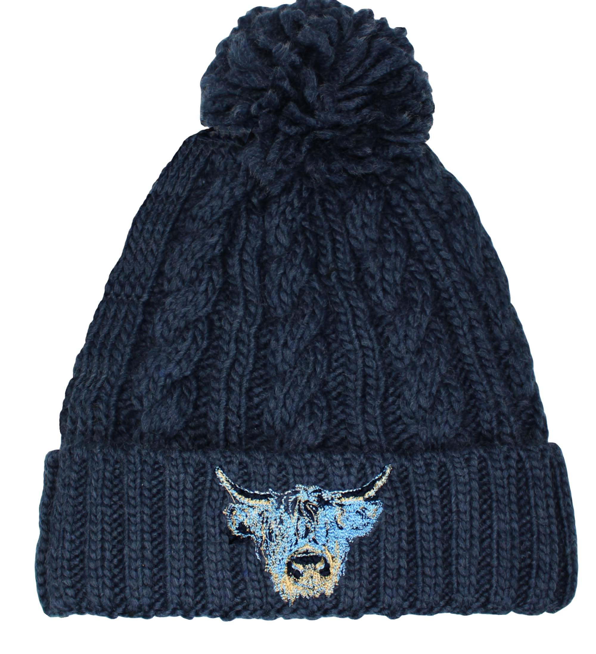 TeddyT's Men's Highland Cow Sketch Embroidered Navy Bobble Hat