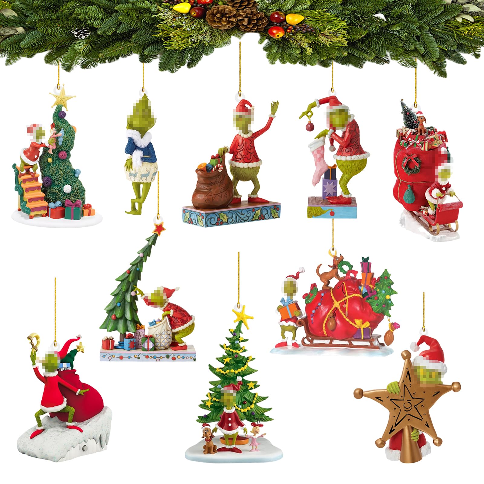 10 adornos navideños Grin-ch, árbol de Navidad Grin-ch decorativo colgante 2D acrílico para puerta de Navidad, ventana, interior y exterior, decoraciones navideñas (10-GRIN-B)
