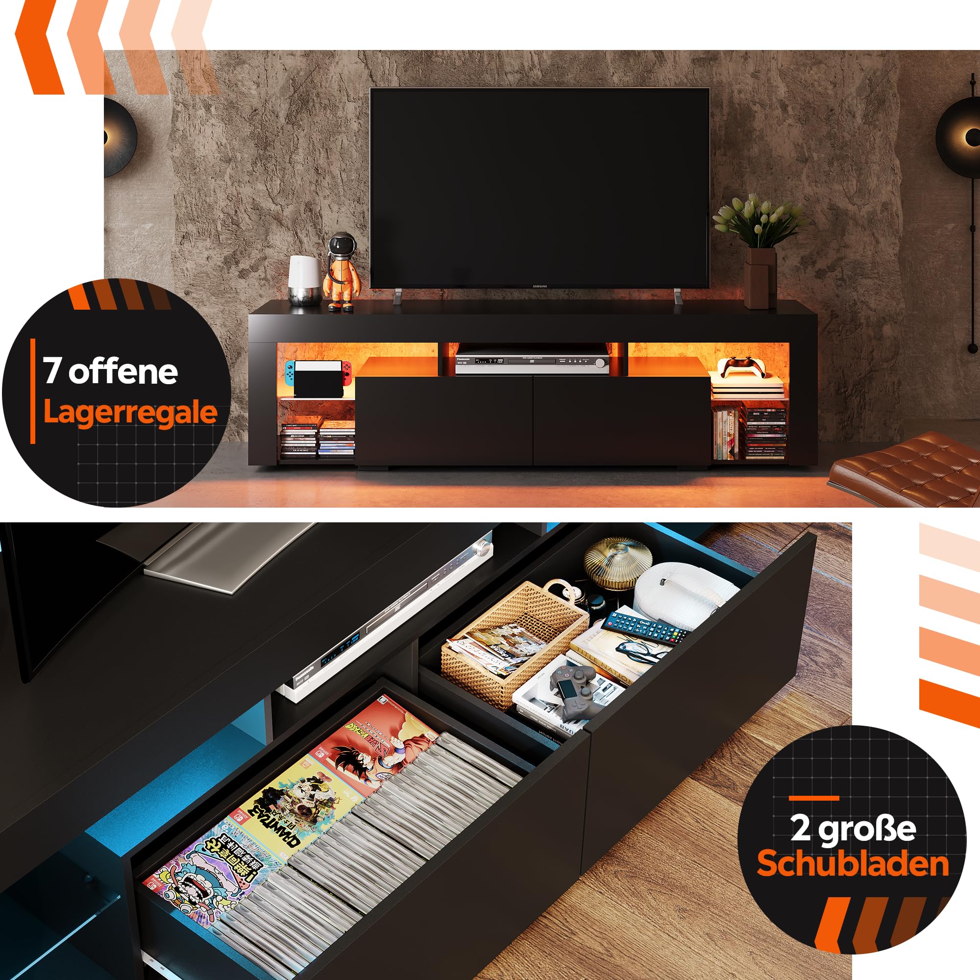 WLIVE TV Schrank mit LED, Lowboard für Fernseher bis zu 70 Zoll, Fernsehtisch für Wohnzimmer, mit Offenen Stauraum und 2 Schubladen, Schwarz