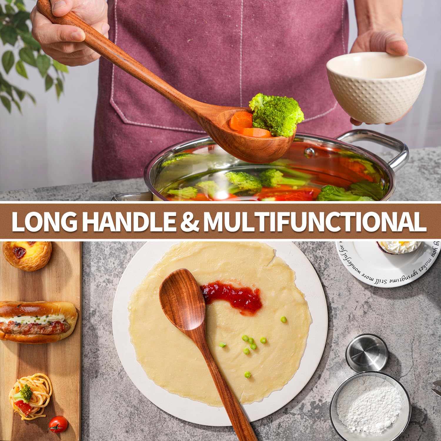 Gudamaye 33 cm lange Holzlöffel zum Kochen, 9-teiliges Küchenhelfer-Set aus natürlichem Teakholz, Küchenhelfer-Set mit Utensilienhalter, aus australischem Kampfer-Lorbeerholz, Holzutensilien zum