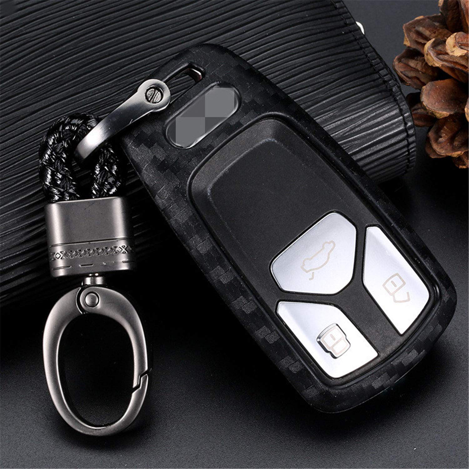 M.JVisun Black Carbon Fiber Texture Pattern Soft Silicone Rubber Keychain for Audi A4L 2017, Q7 2016, TTS 2016, TT 2015 Fob Remote Key - Weave Keychain