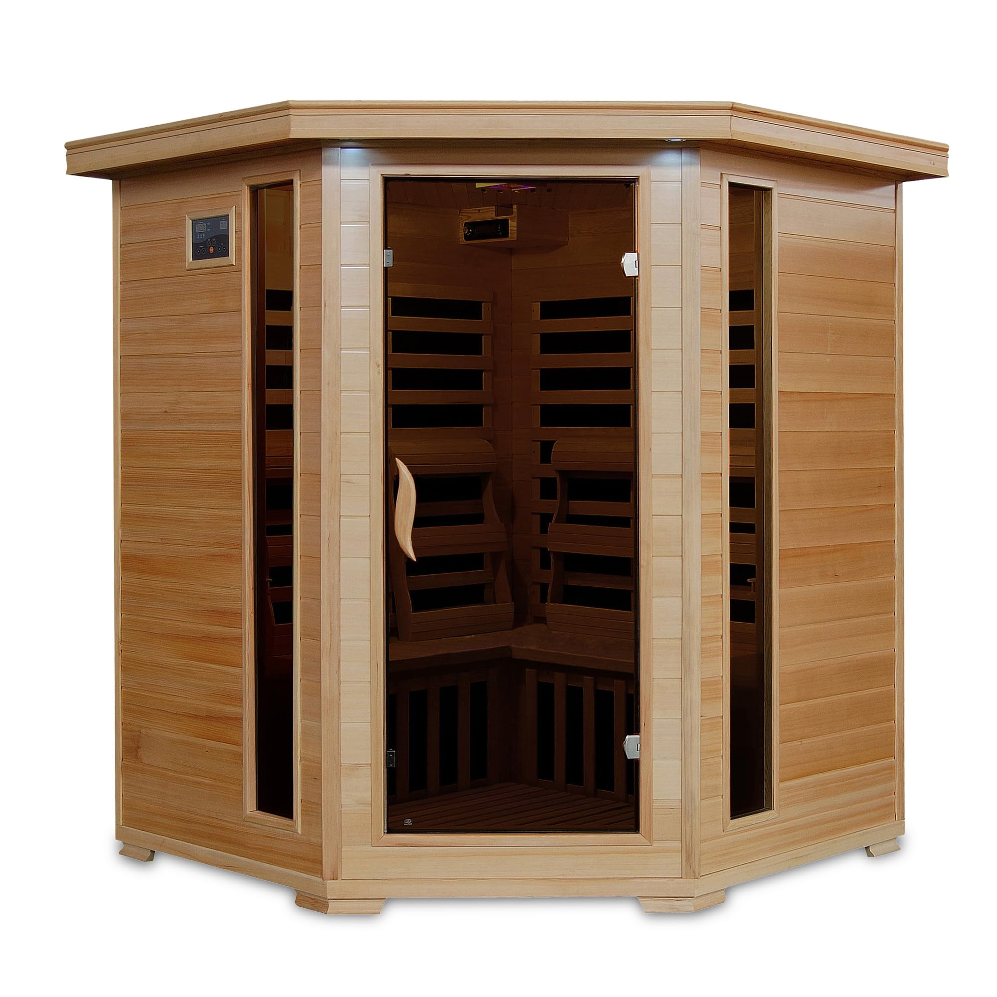 HEATWAVE Tucson 4 Person Hemlock Low EMF Infrared Sauna for Home & Indoor Relaxation – With 9 Carbon Heaters, Chromotherapy Lighting, Tempered Glass Door, Built-In Stereo Sound System