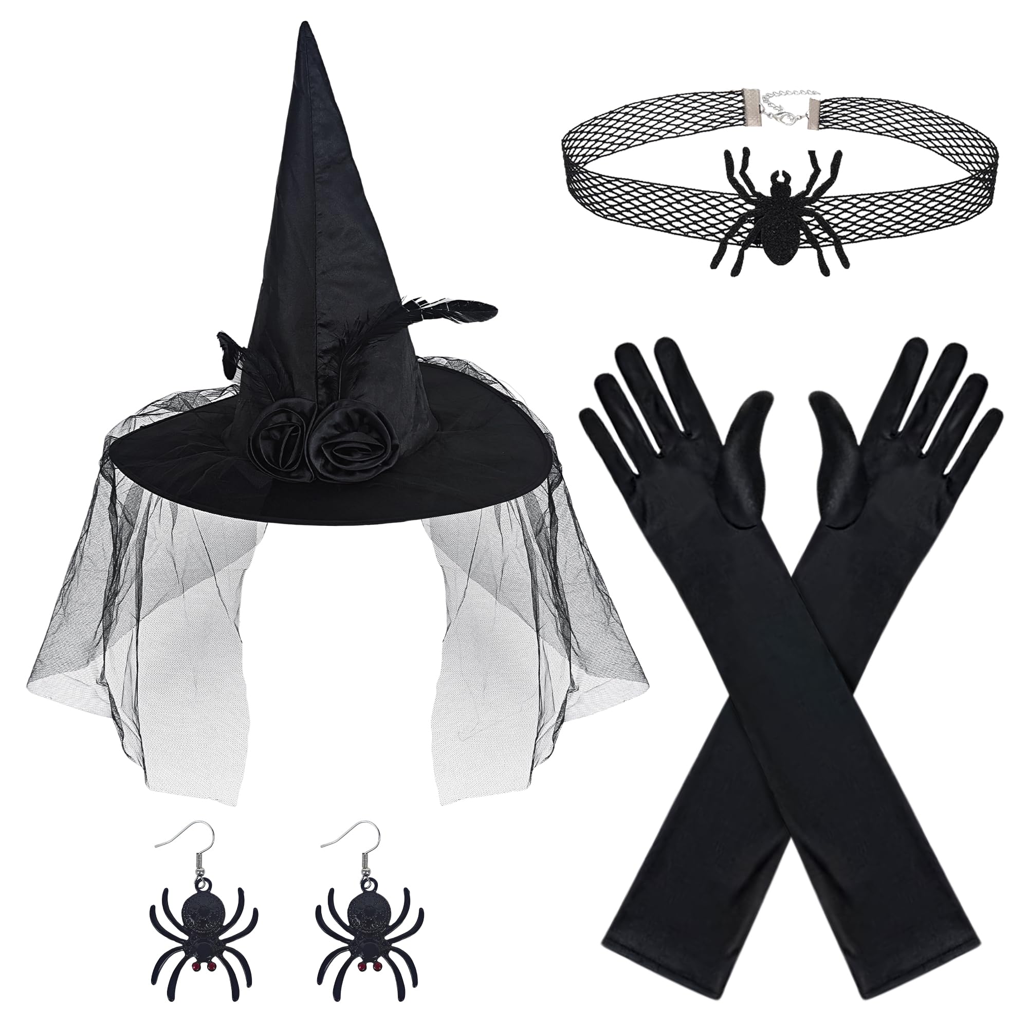 Alaxciax Witch Hat Costume Accessories, Black Witches Hat with Gloves Earrings Choker Necklace for Women Halloween Cosplay Party