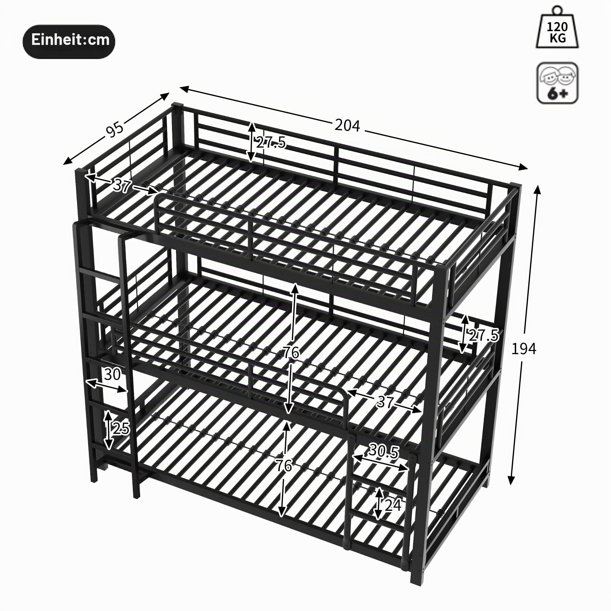 90x200cm Bettgestell Metallbett,Etagenbett,Eisenbett, Dreifach-Etagenbett für Kinder, Jugendliche und Erwachsene, Schwarz