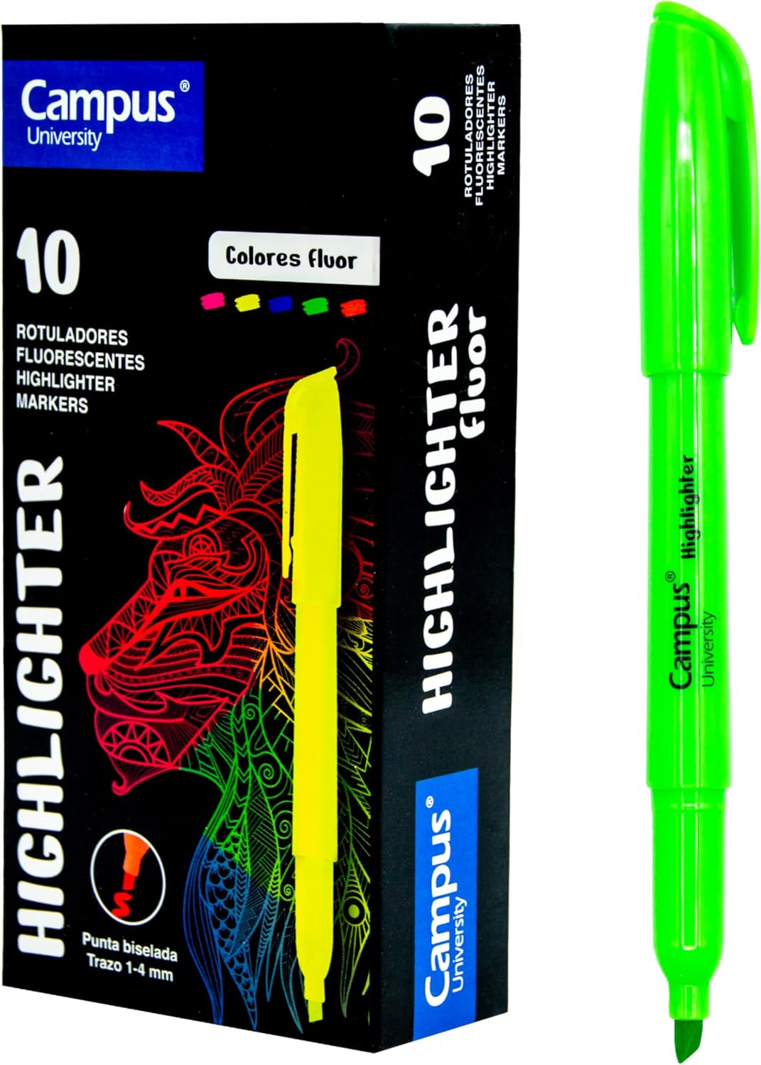 Campus Highlighters, Highlighter Pen with Beveled Tip, Pack of 10 Water-Based Highlighter Pen, Neon Highlighter Pens (Green)