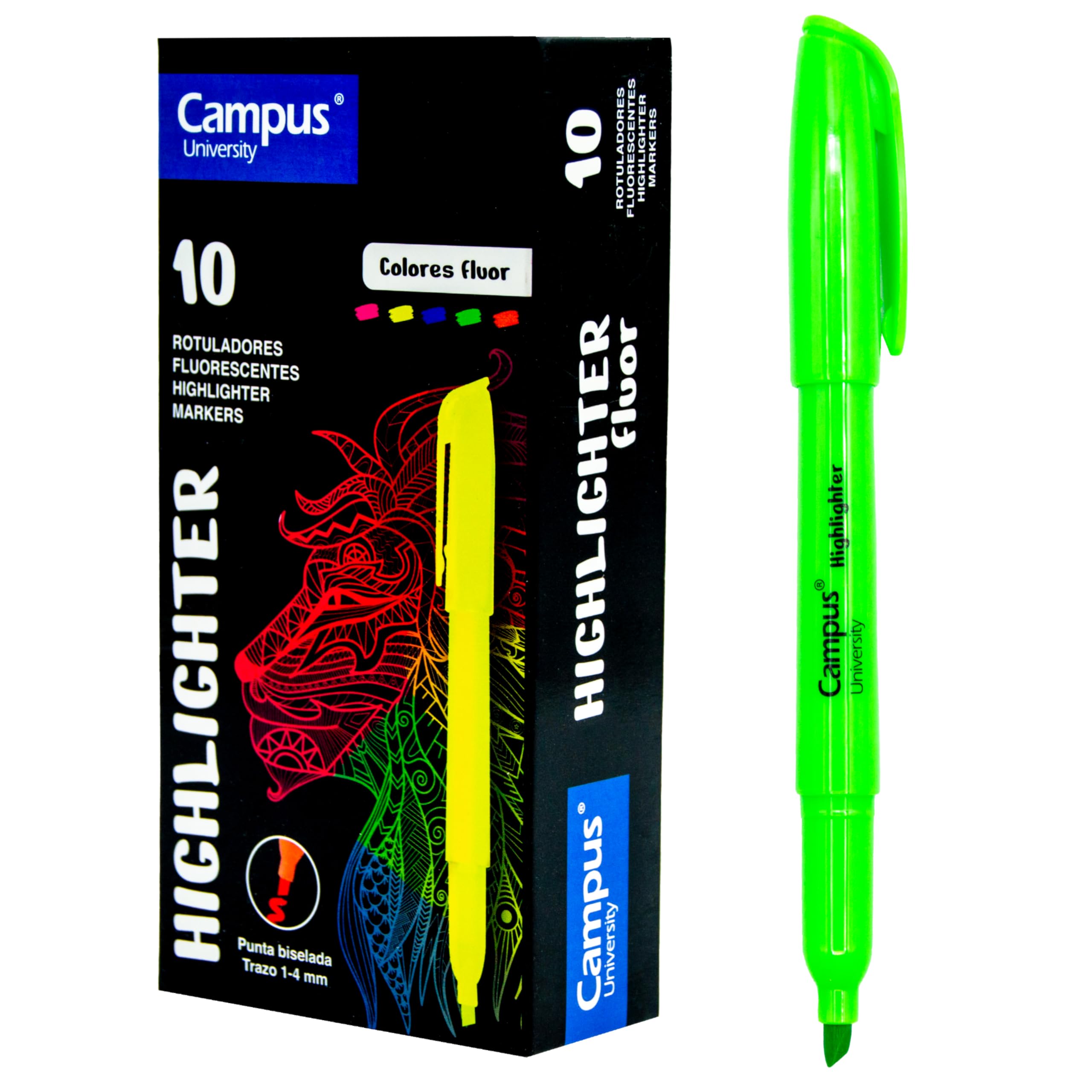 Campus Highlighters, Highlighter Pen with Beveled Tip, Pack of 10 Water-Based Highlighter Pen, Neon Highlighter Pens (Green)