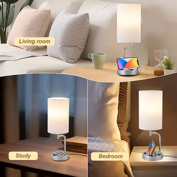 Dreamholder Table Lamp, Bedside Lamp with USB C&A Charging Ports, LED Desk Lamp with 3-Color Modes with Phone Stands, for Bedroom, Living Room, Office, Silver(Set of 2, Bulb Included) [Energy Class E]