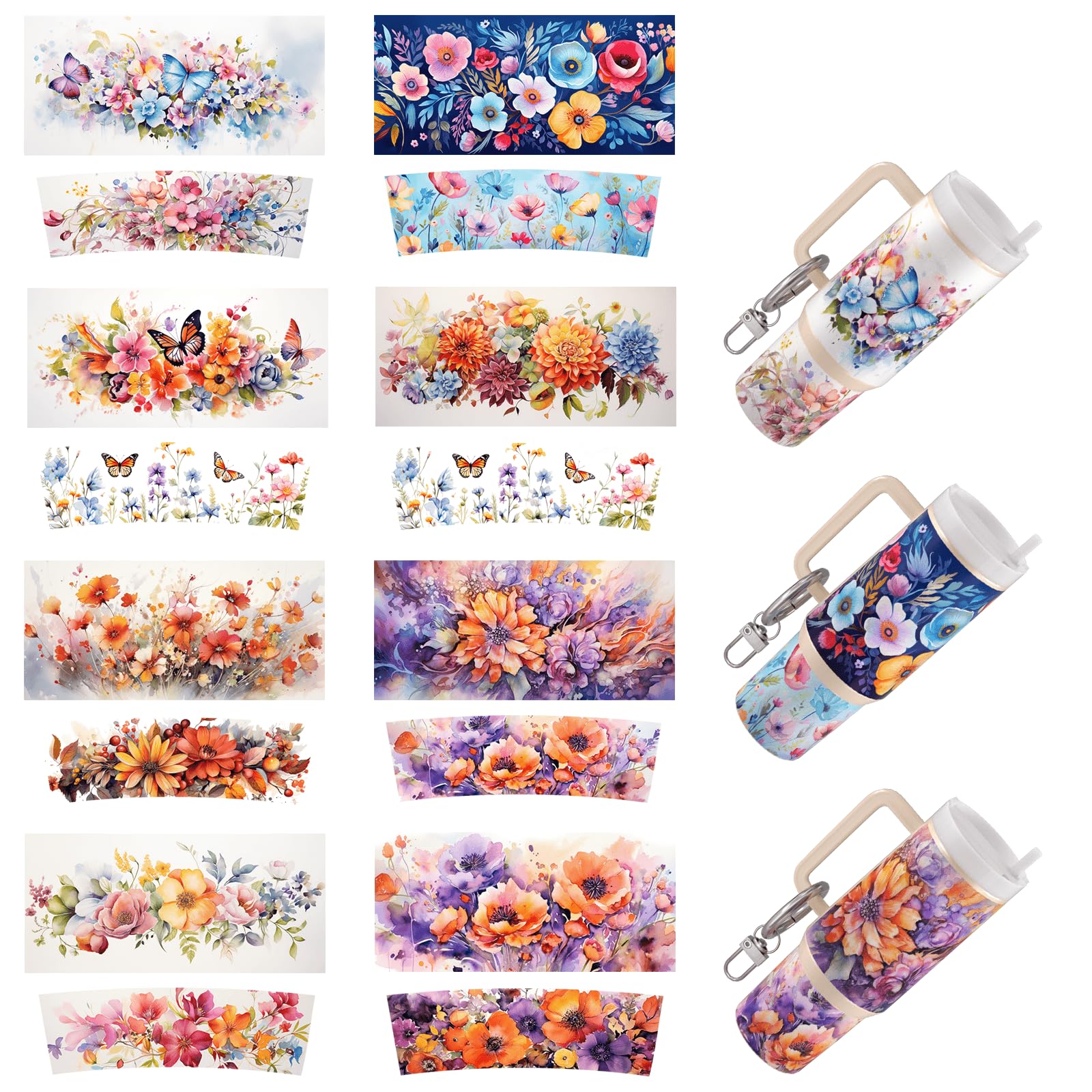 8pcs Flowers and Butterflies UV DTF Cup Wrap Transfer Paper for DIY Keychain UV DTF Transfer Paper for Keychain Personal Accessories High Viscosity UV DTF Cup Wrap (Flowers)