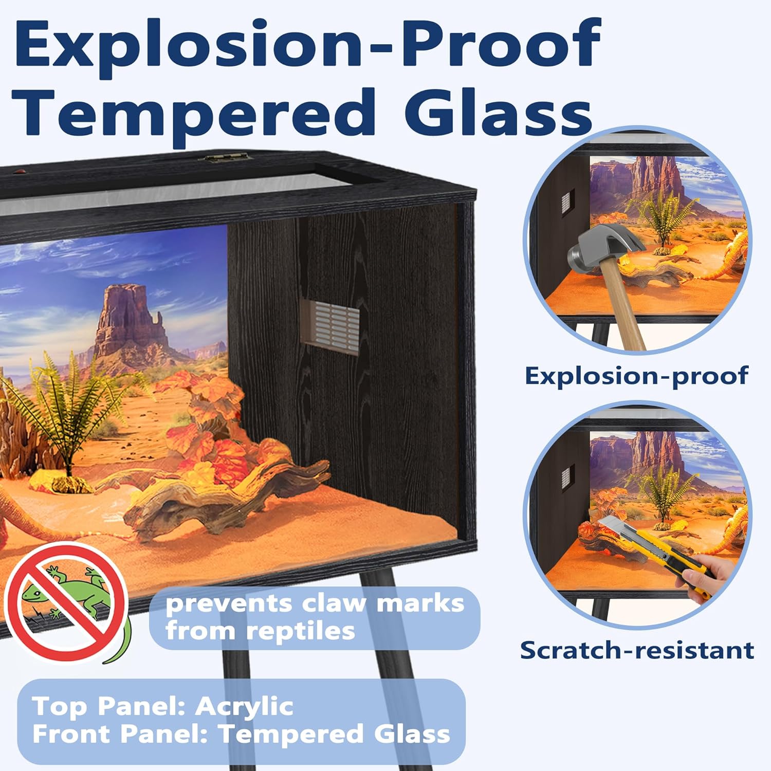 Prolee 80 Gallon Reptile Tank, Tempered Glass Bearded Dragon Tank with Wooden Roof and Lockable Doors, Large Lizard Habitat with Built-in Lamp Fixture for Snakes, Iguanas, Chameleons (Black)