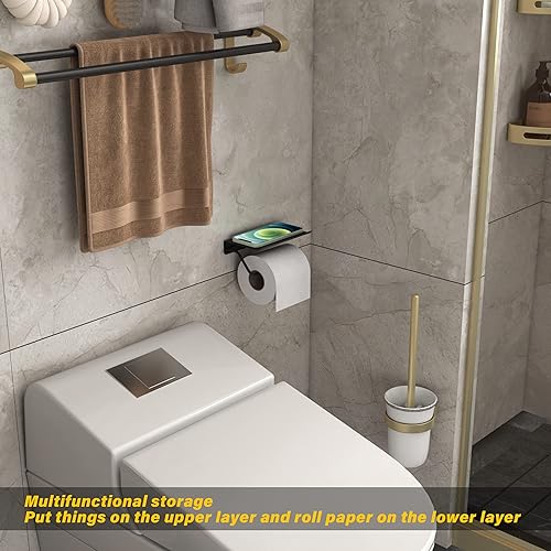 Miniatura 8 de Soporte de papel higiénico con estante para teléfono, accesorios de baño, dispensador de rollo de pañuelos de almacenamiento montado en la pared