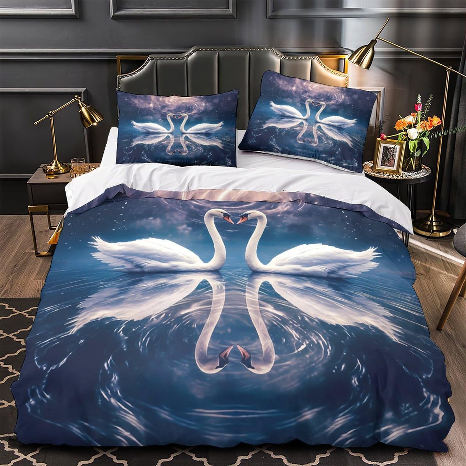 Parure de lit douce Swan Love King anti-acarien et sans repassage