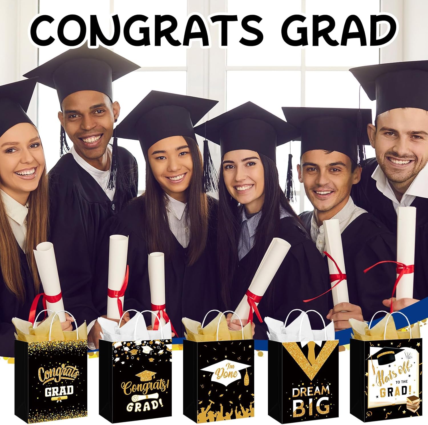 Geyoga 10 Pcs 13'' Large 2026 Graduation Party Favor Bags with Handles and Tissue Papers, Class of 2026 Graduation Gift Bags for High School College Congrats Grad Party Supplies(Black and Gold)