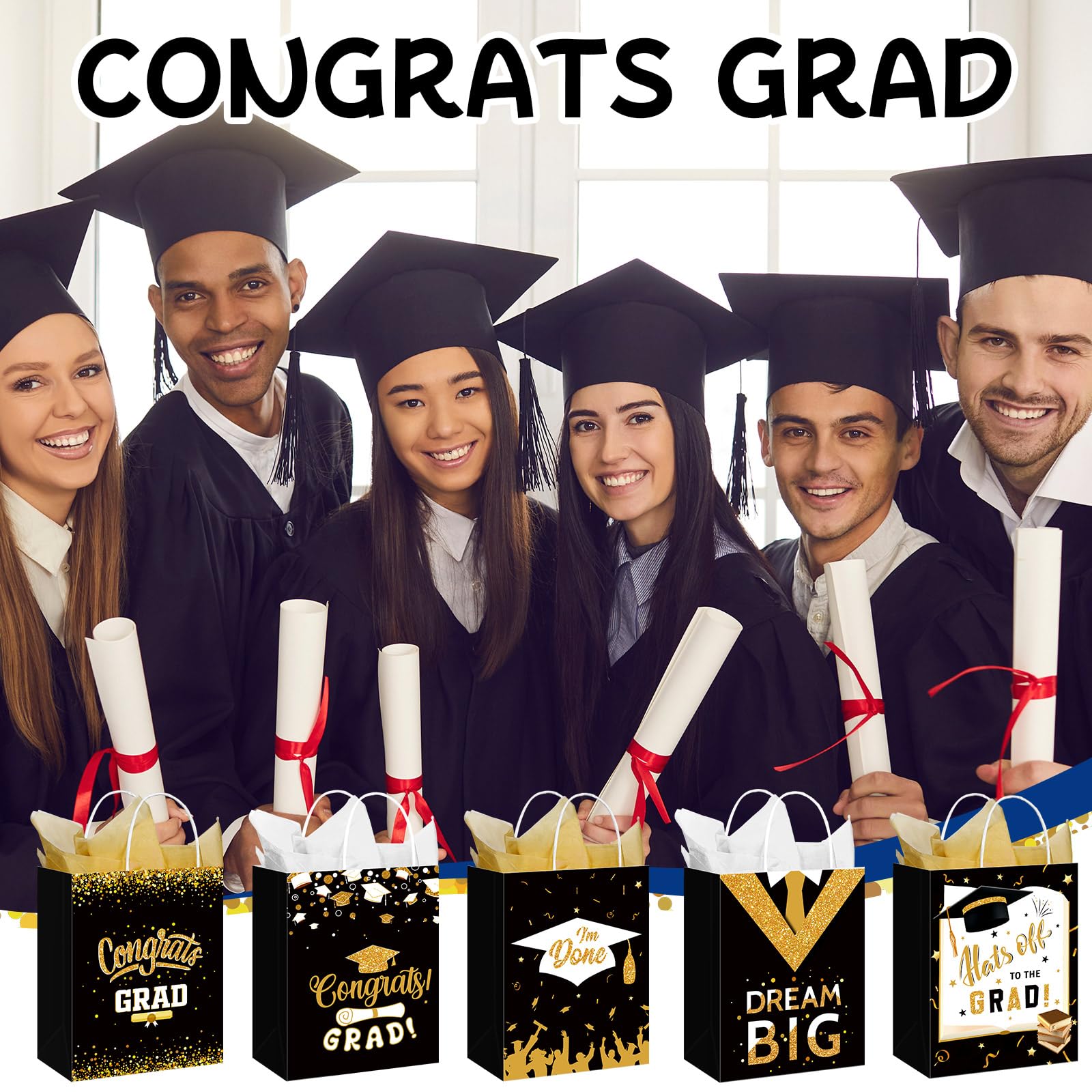 Geyoga 10 Pcs 13'' Large 2026 Graduation Party Favor Bags with Handles and Tissue Papers, Class of 2026 Graduation Gift Bags for High School College Congrats Grad Party Supplies(Black and Gold)