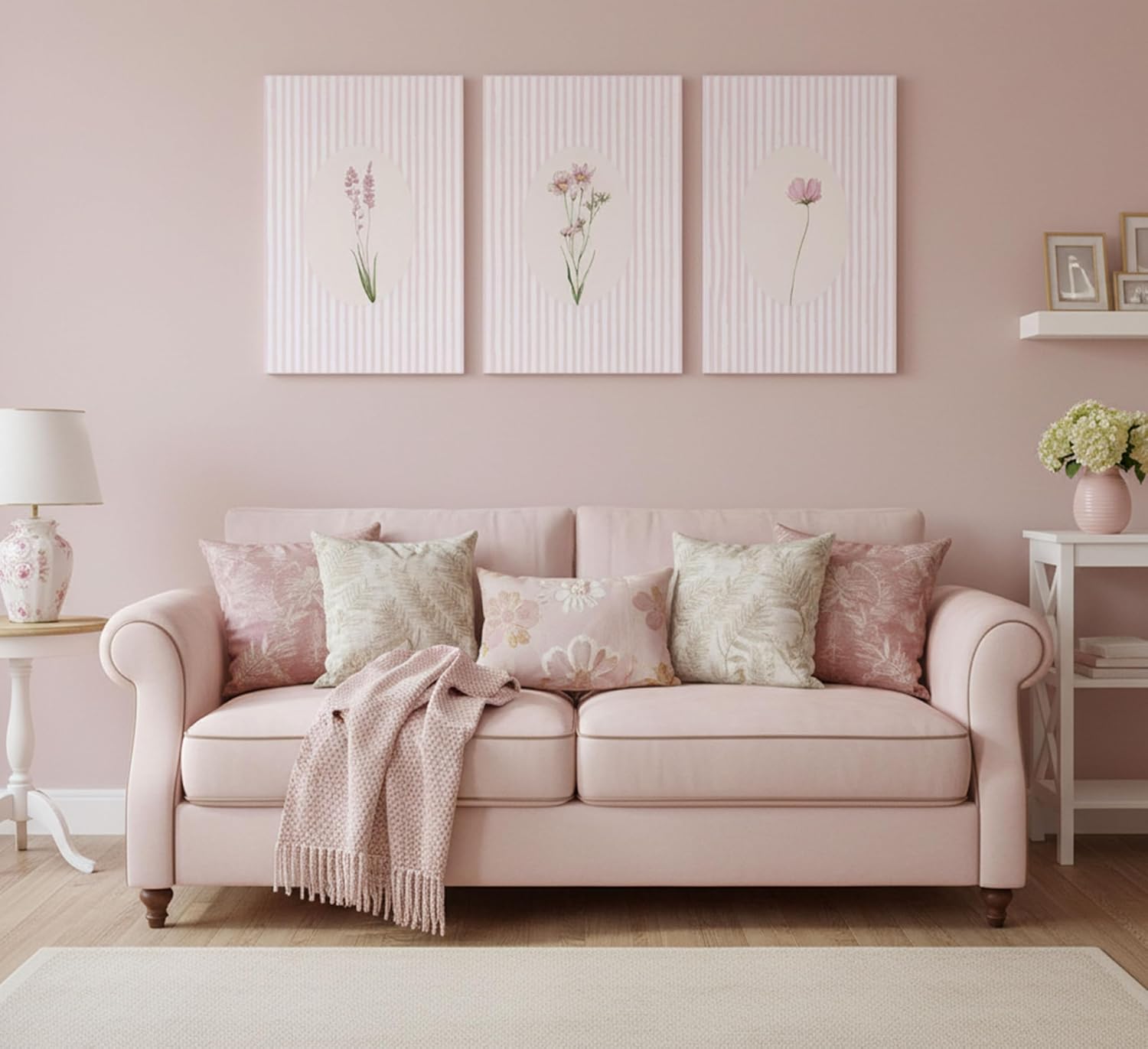 3 Pcs Pink Striped Floral Canvas Wall Art Minimalist Pink Flower Botanical Painting Pictures Wall Decor Preppy Pink White Striped Flower Poster Print Artwork for Girls Room Bedroom Home Decoration
